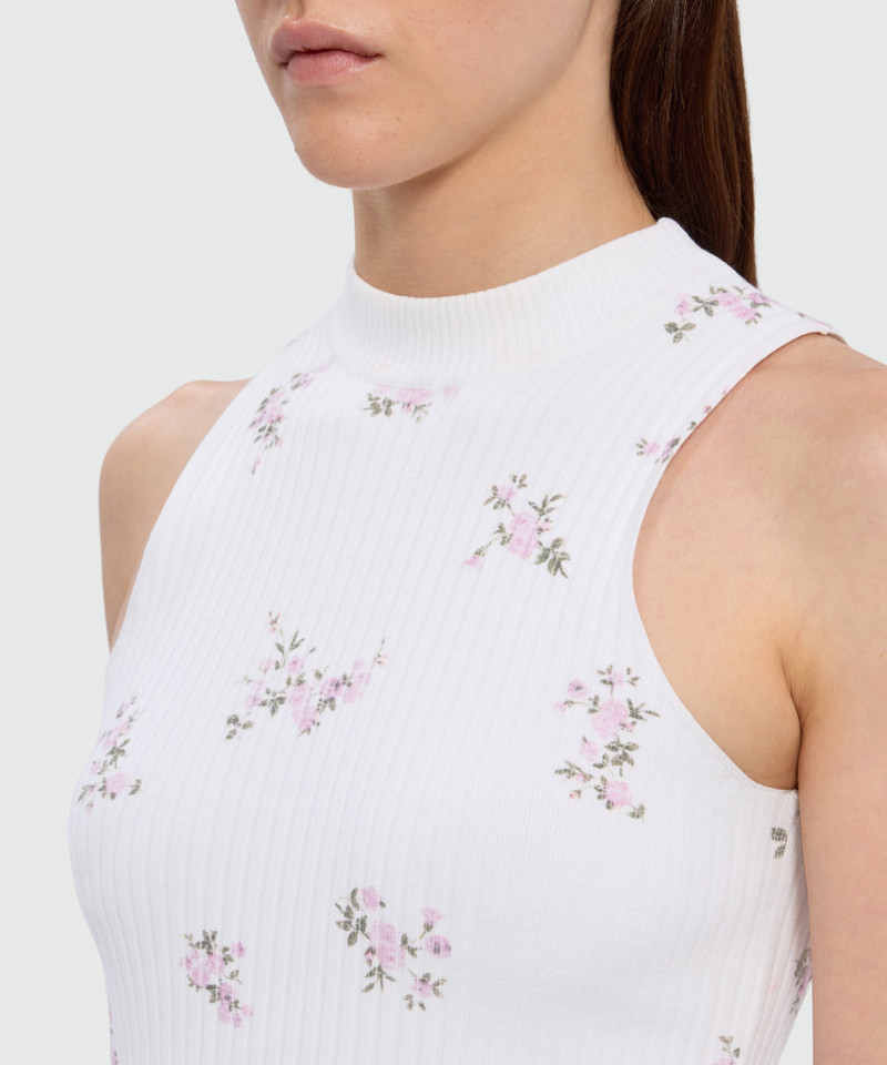 White ribbed techno-viscose top with "Cracked Flowers Bouquet" print 5