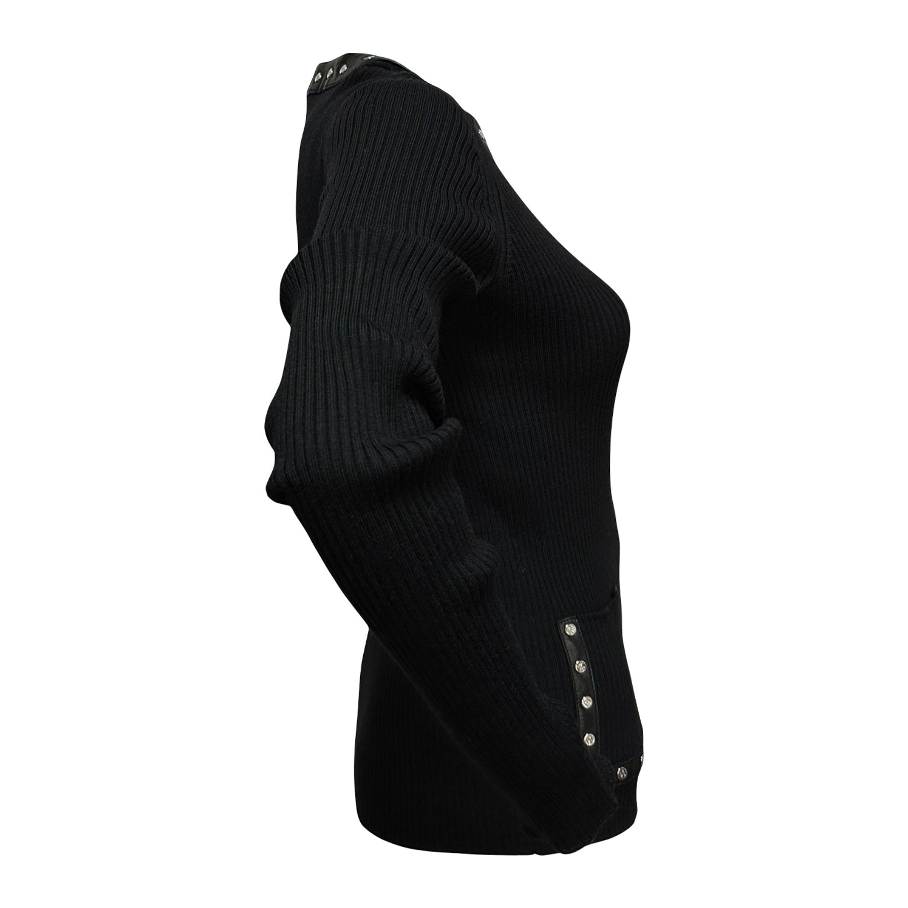 CELINE Studded Leather Trim Ribbed Knit Cardigan - 3