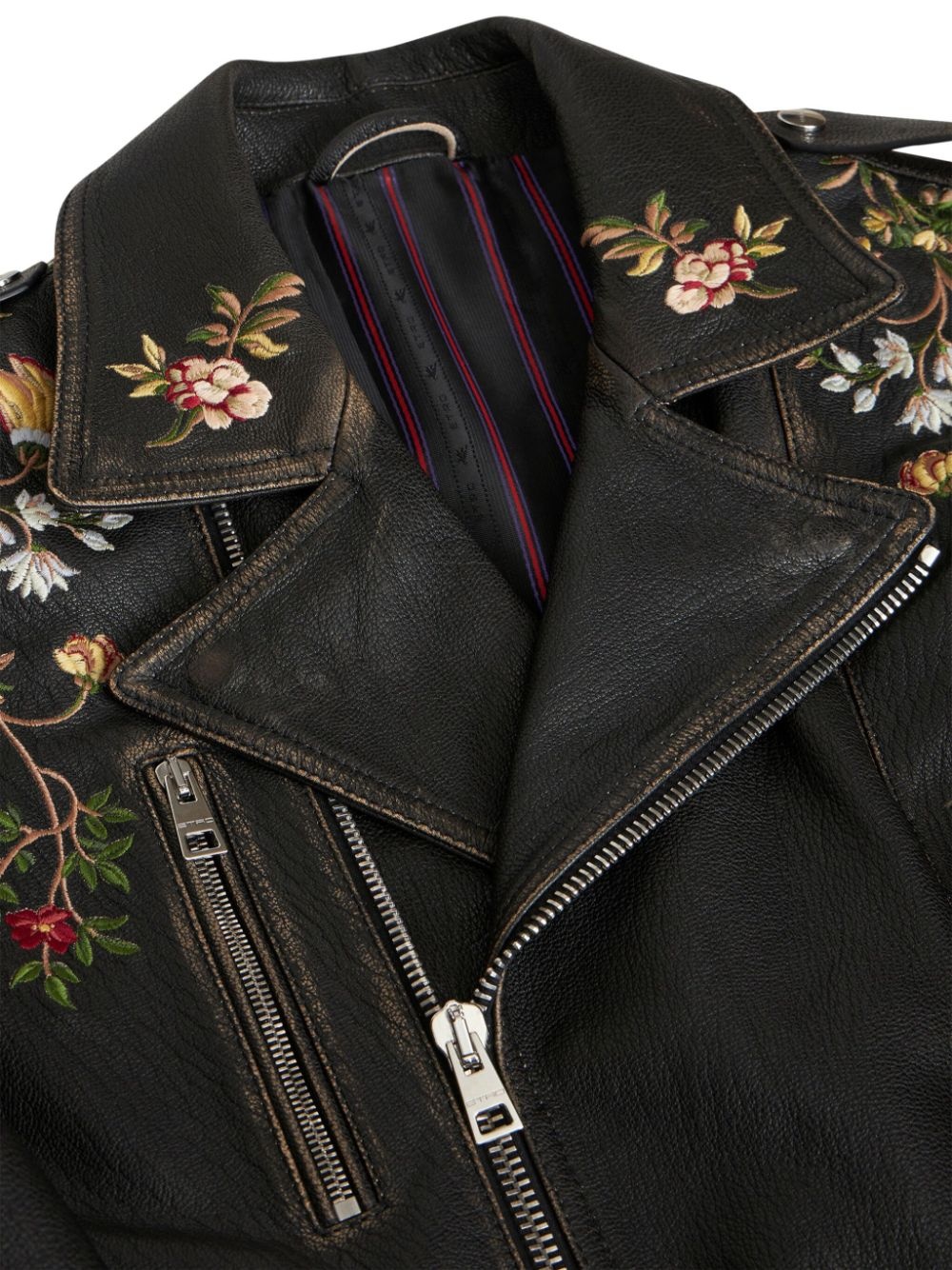 floral-embroidery leather biker jacket - 5