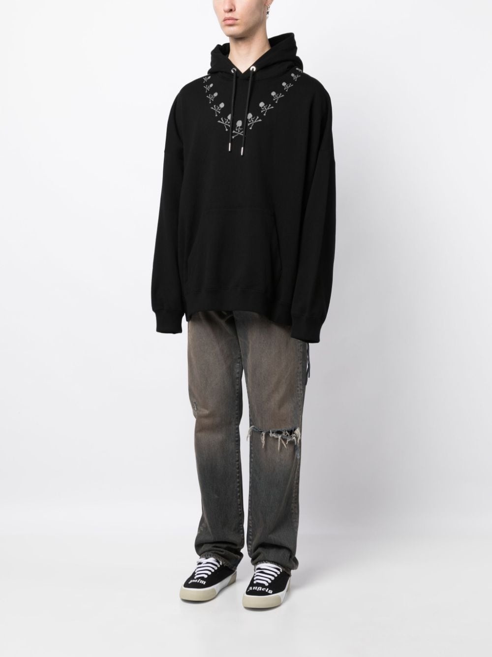 glitter-detail skull-print cotton hoodie - 3