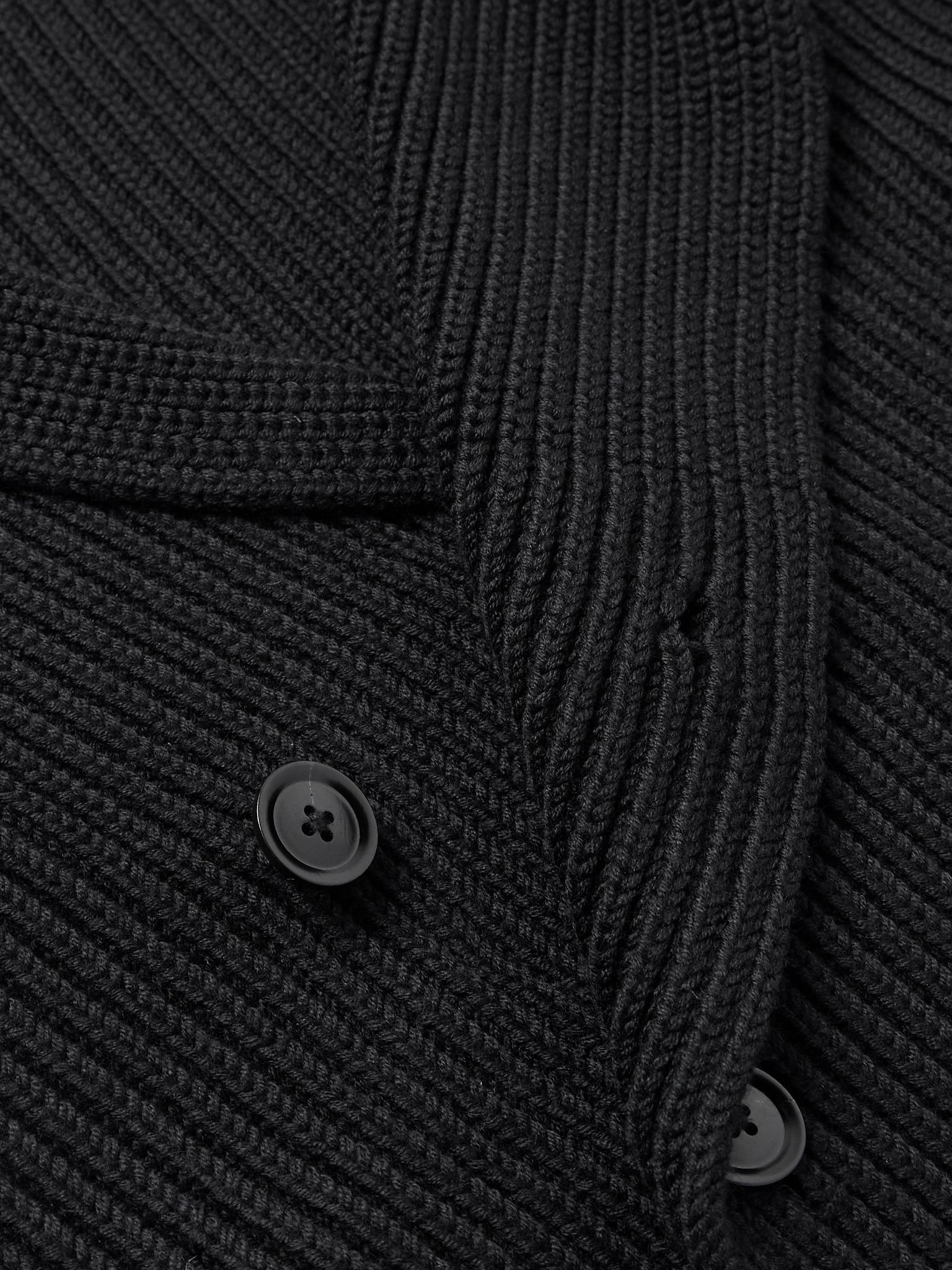 Shawl-Collar Double-Breasted Ribbed Wool and Silk-Blend Cardigan Black - 5