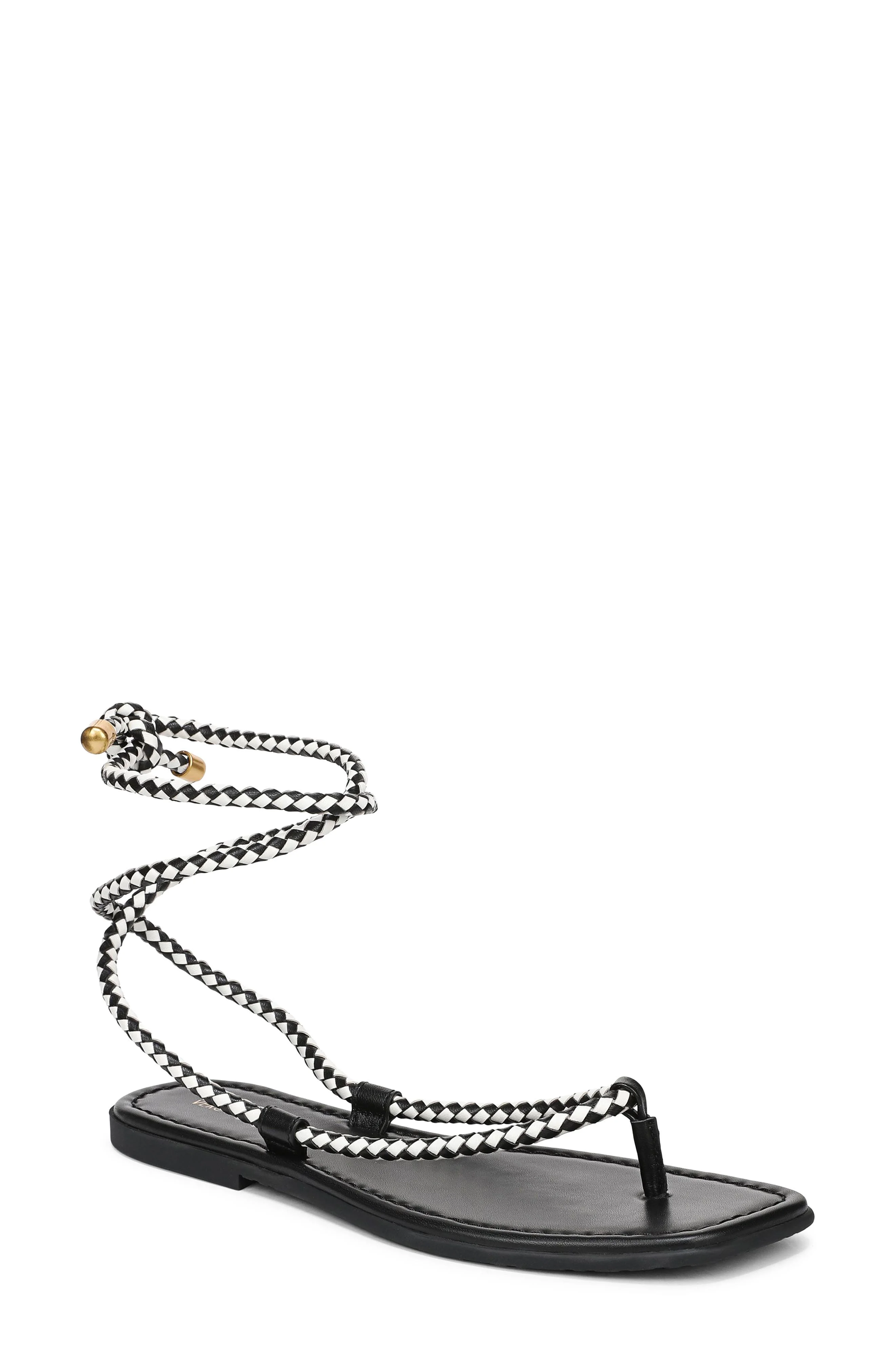 Veronica Beard Carmina Woven Cord Ankle Wrap Sandal in Black/Coconut at Nordstrom - 1
