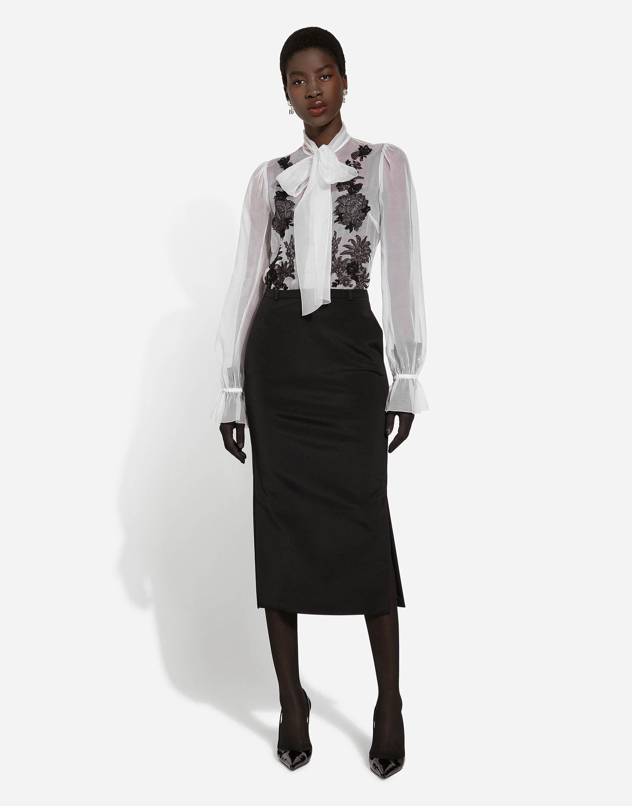 Organza pussy-bow shirt with lace appliqués - 2