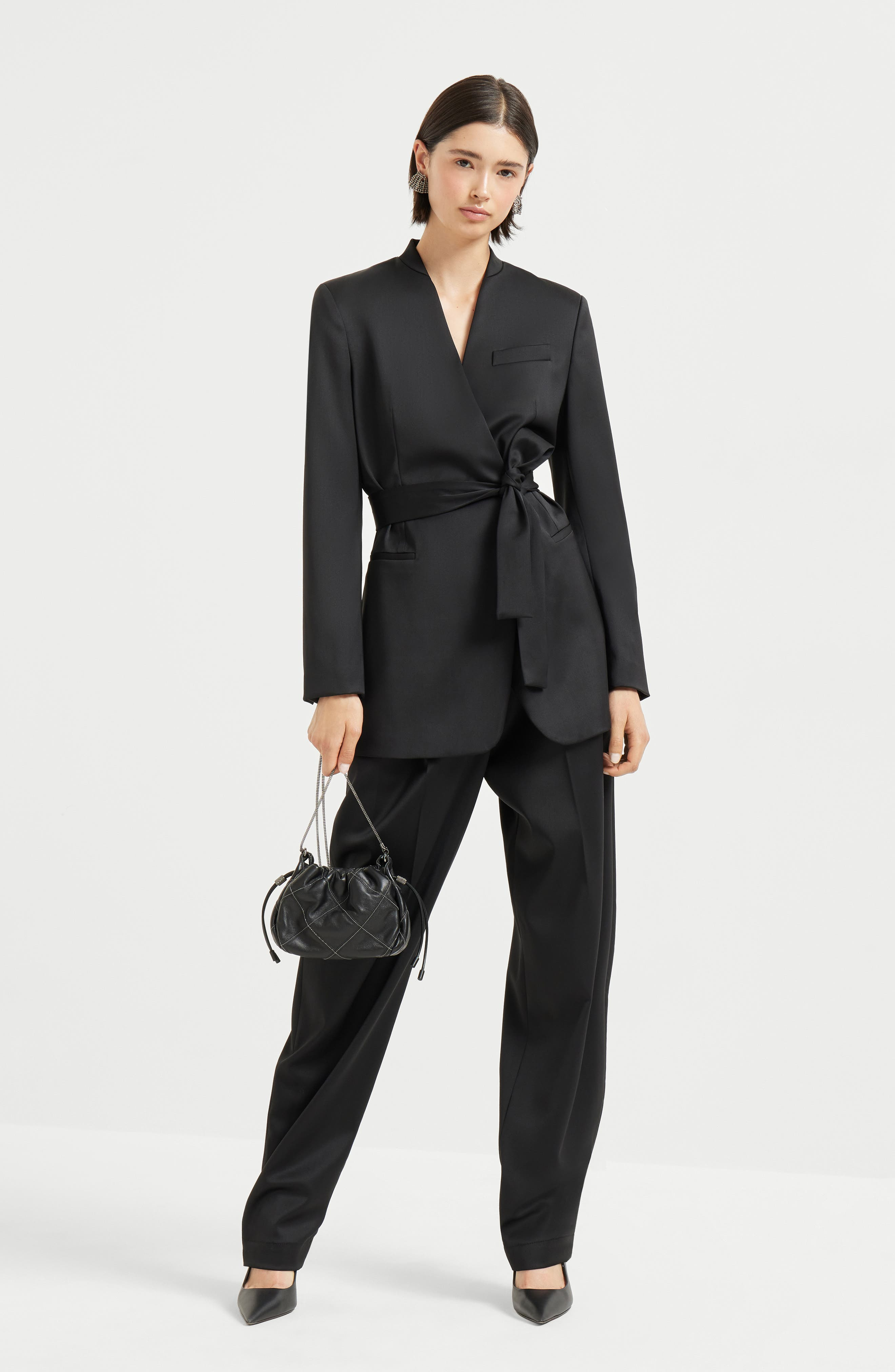 Brunello Cucinelli Satin belted blazer with monili in Black at Nordstrom - 6