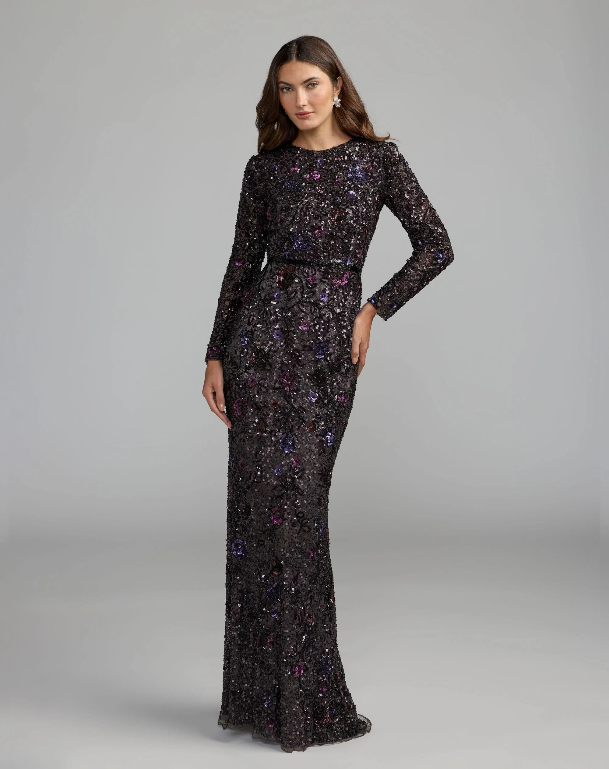 Plum Embellished Floral Long Sleeve Gown - 1