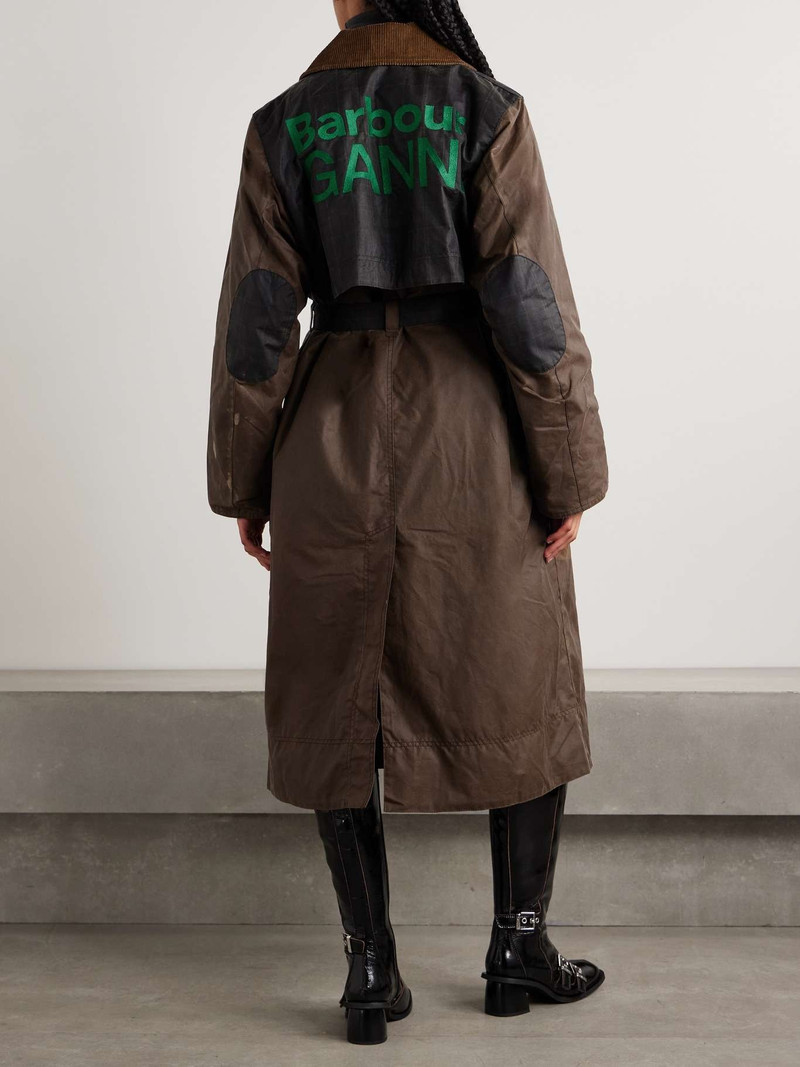 + GANNI belted corduroy-trimmed paneled checked waxed-organic cotton trench coat 4