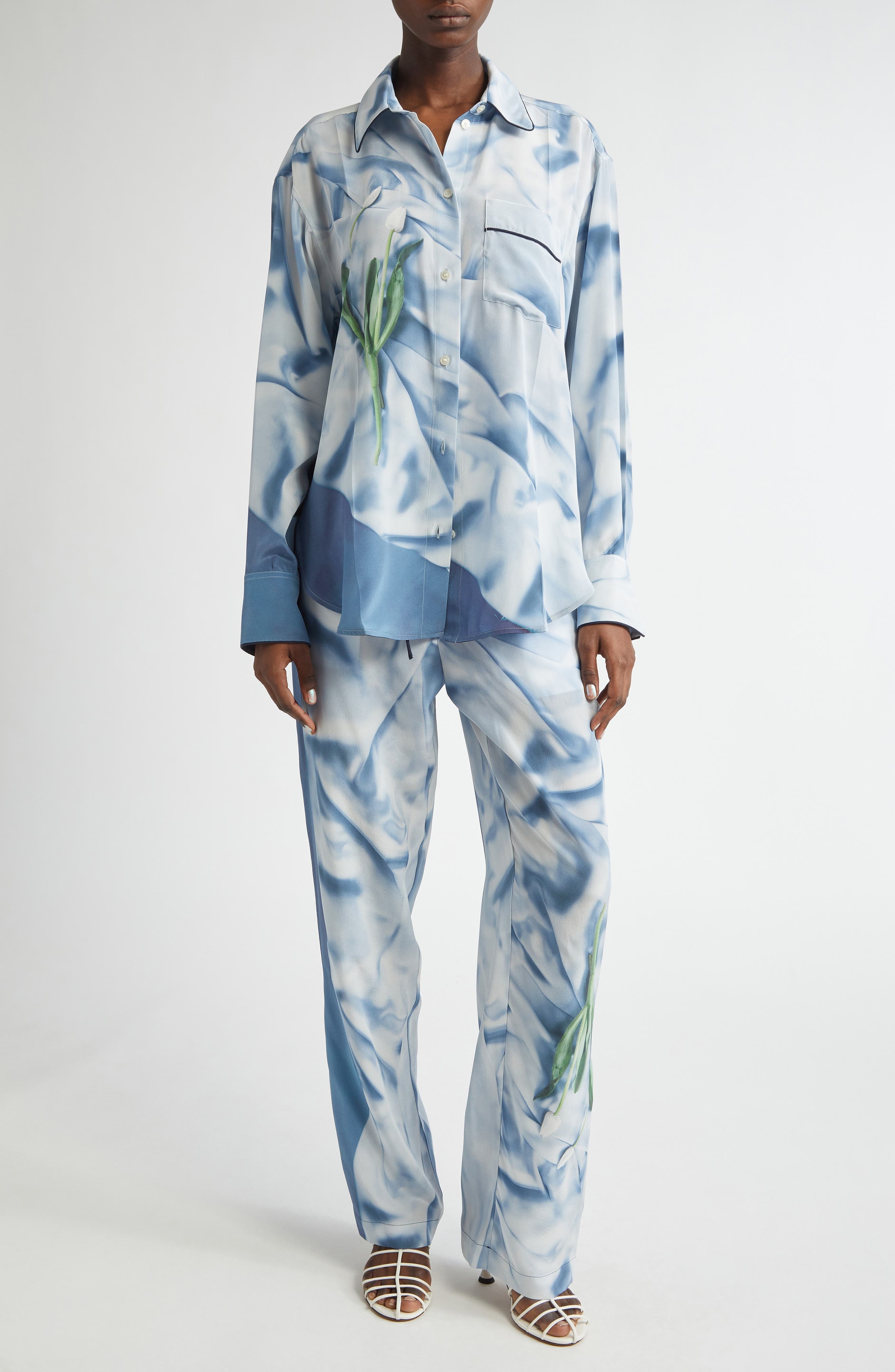Victoria Beckham Pleat Detail & Flowers Trompe l'Oeil Silk Satin Pants in Satin Flowers Ice Blue at  - 2