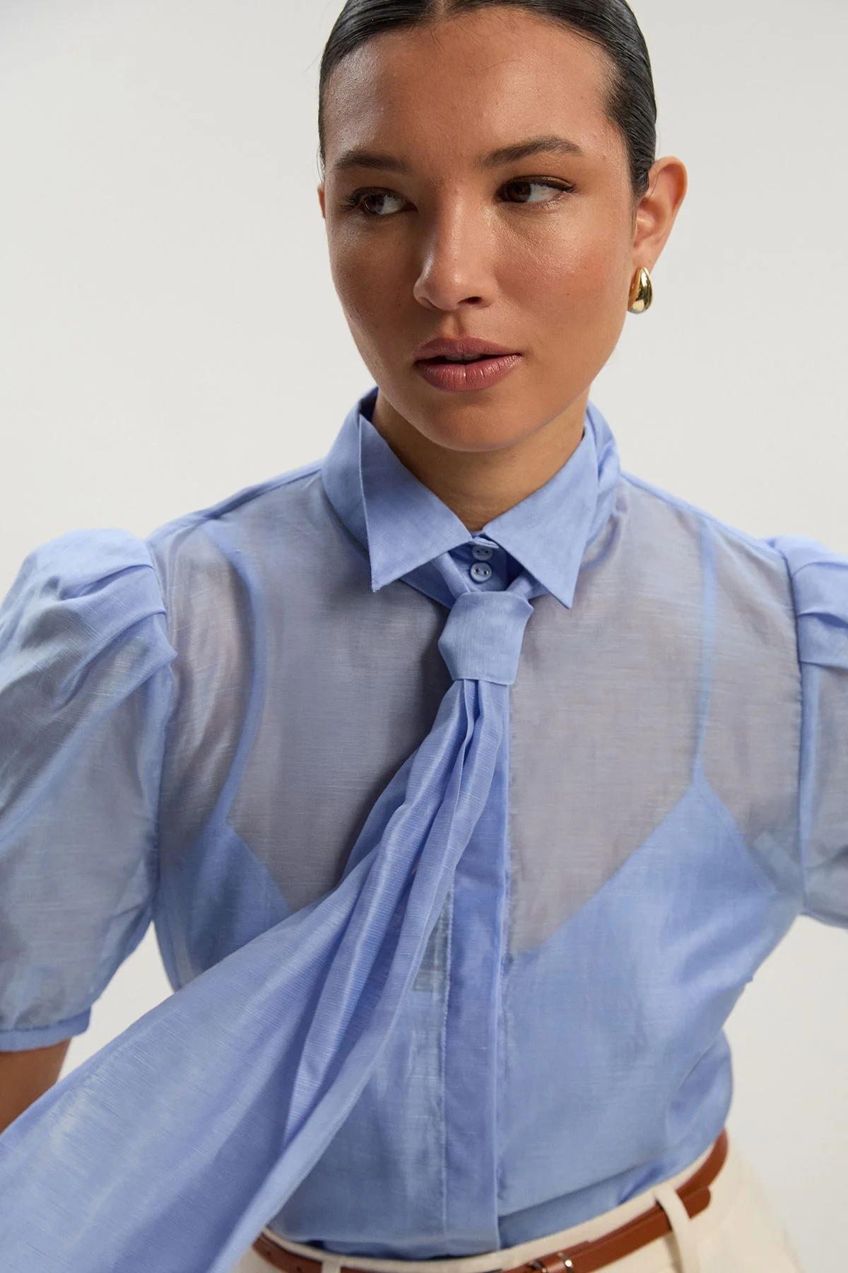 Organdie Tie Neck Woven Shirt - 1