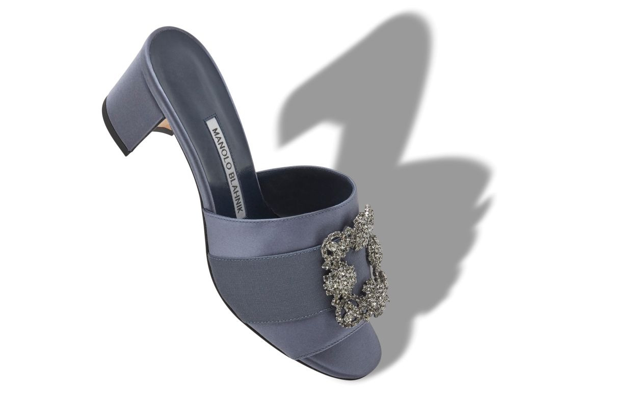 Blue-Grey Satin Jewel Buckle Mules - 2
