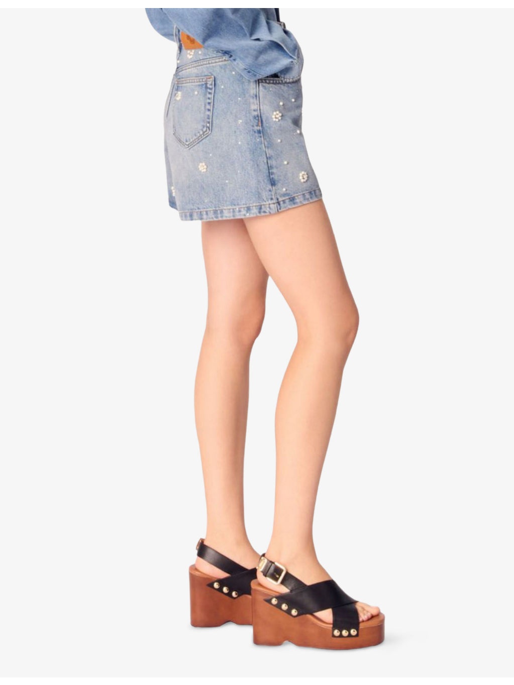Flower-Embellished High-Rise Denim Shorts - 3