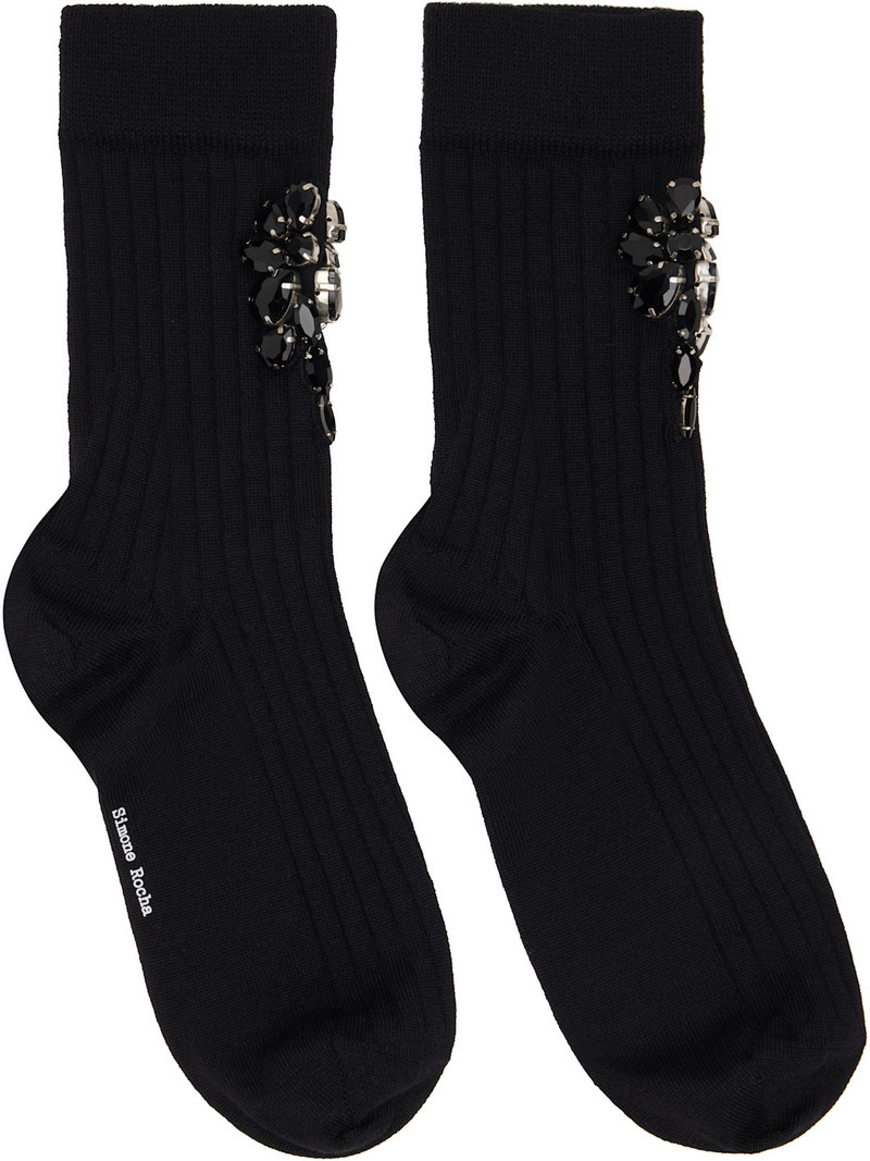 Black Poppy Crystal Flower Ribbed Ankle Socks 1