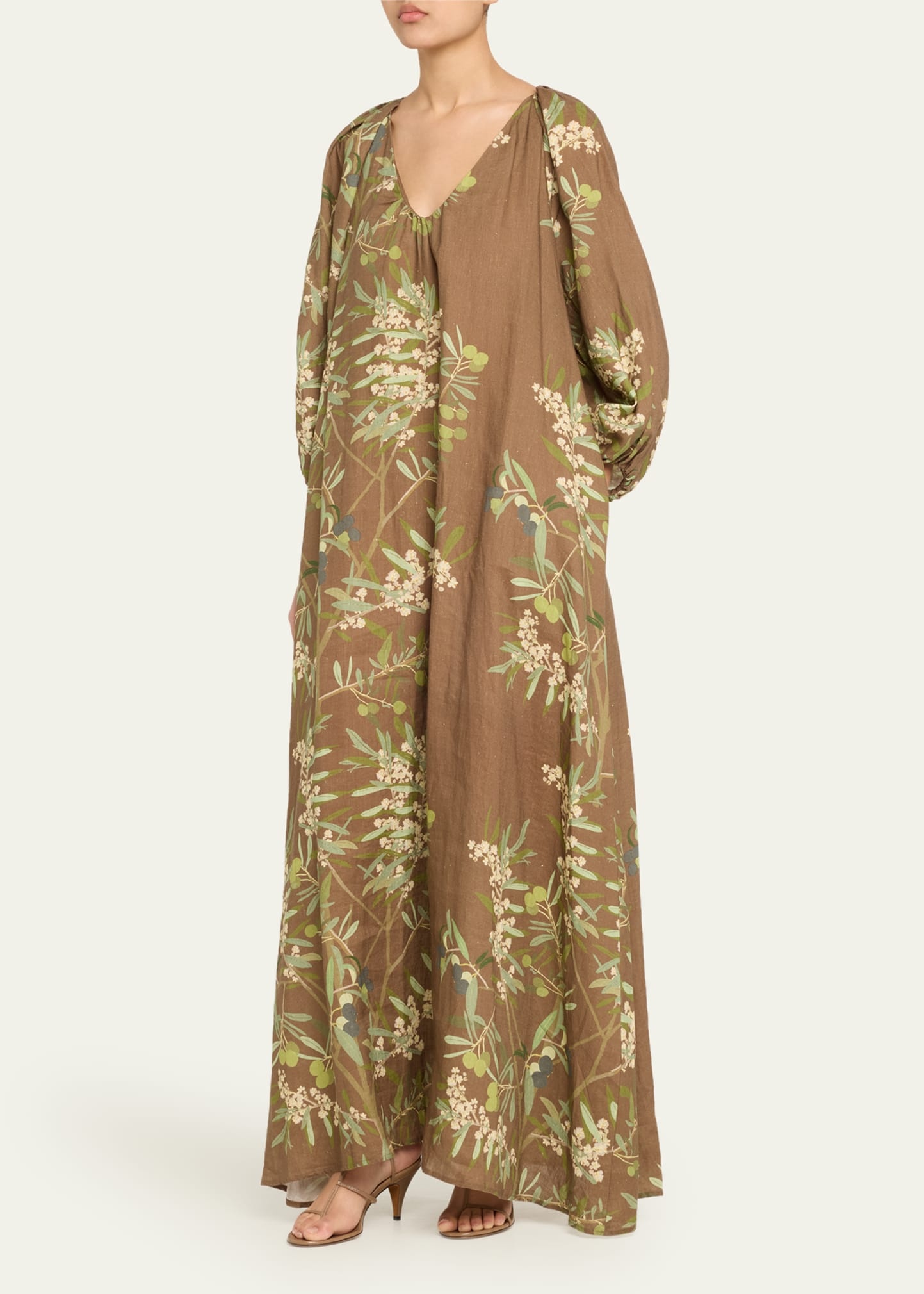 Puff-Sleeve Printed Linen Maxi Dress - 4