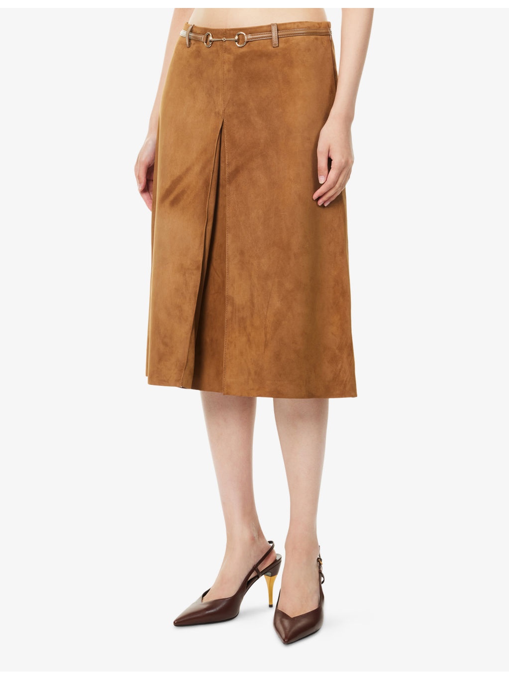 Horsebit Pleated Suede Midi Skirt - 3