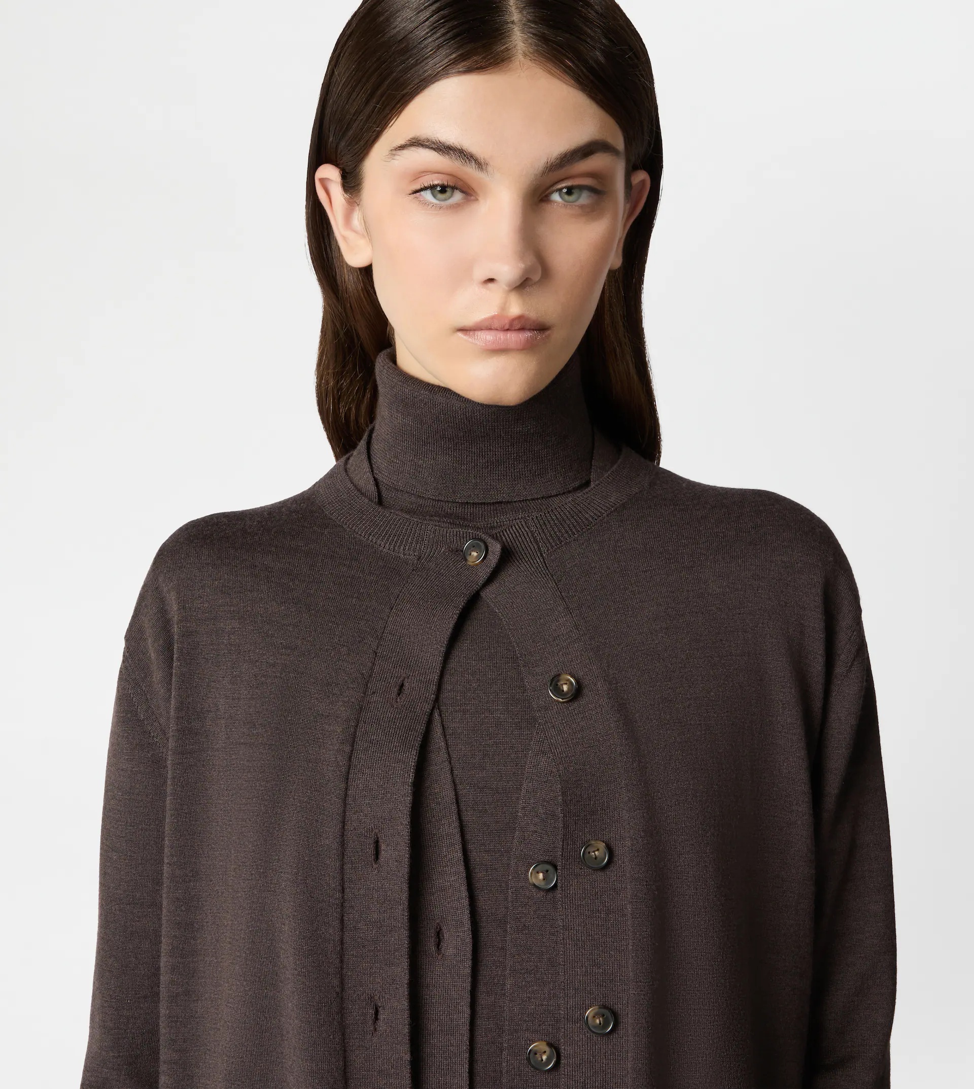 DOUBLE COLLAR SILK BLEND CARDIGAN - BROWN - 5