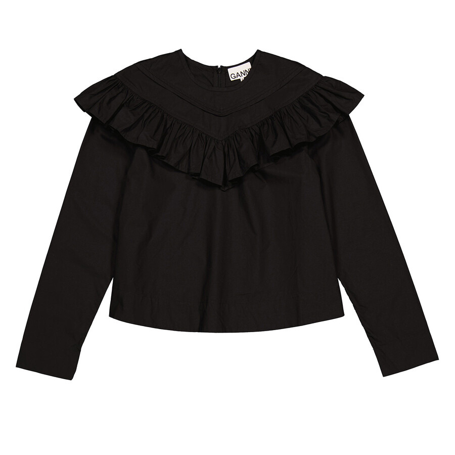 Ganni Cotton Poplin Frill Blouse In Black - 5