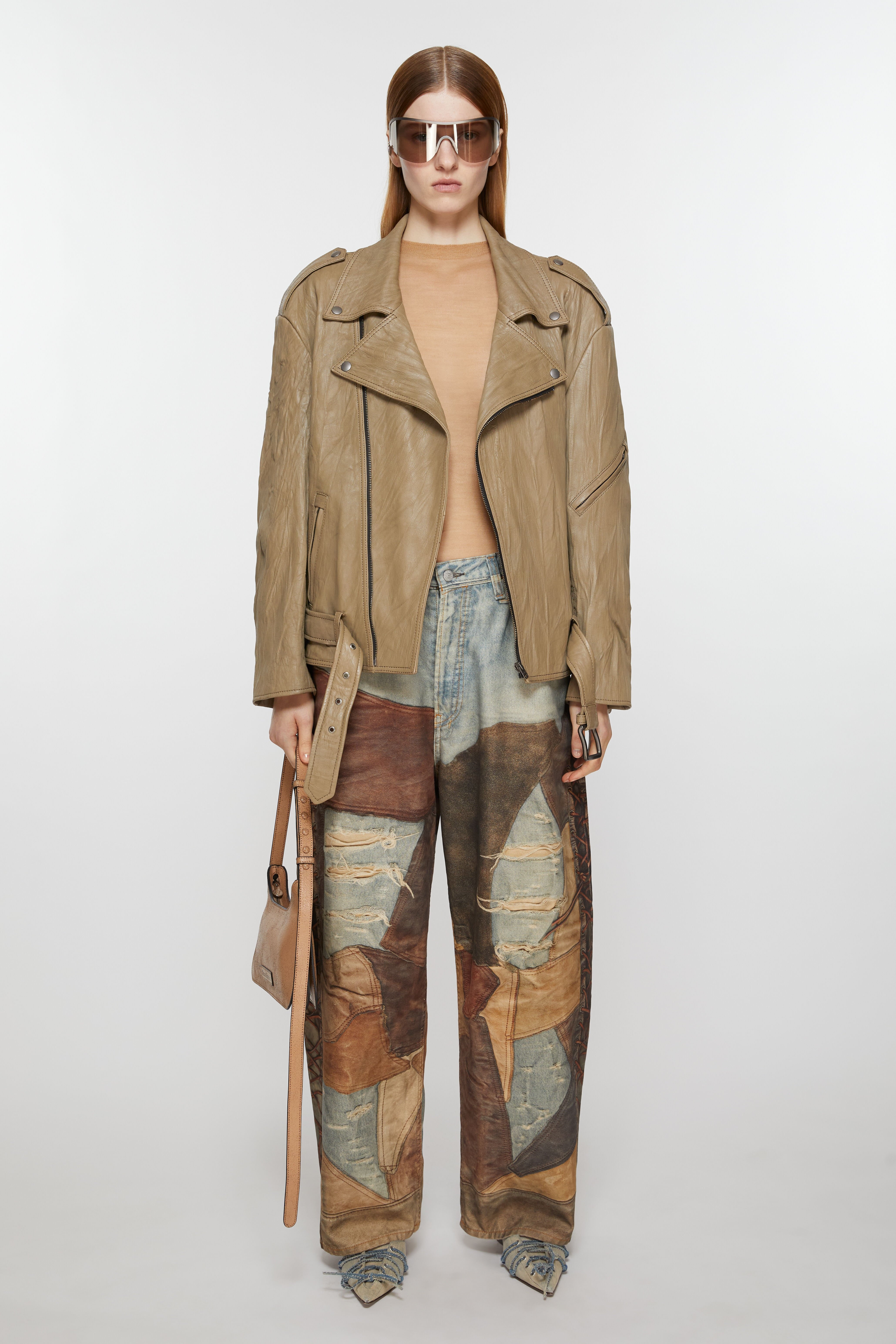 Crinkled leather biker jacket - Brown - 2