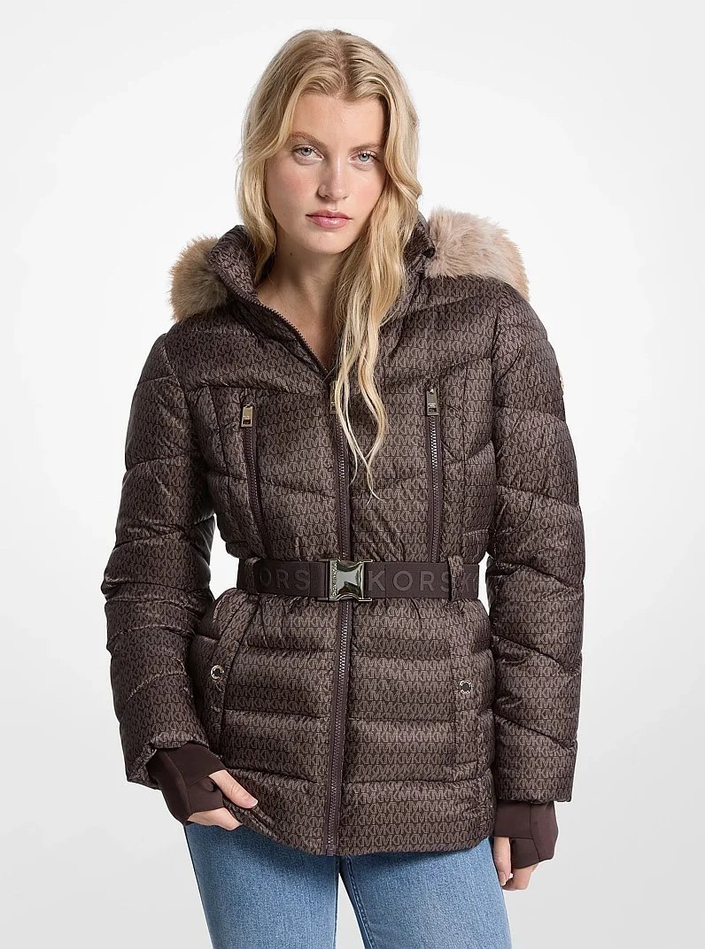Faux Fur Trim Belted Puffer Jacket - 1
