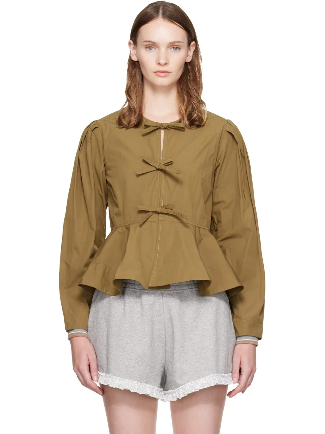 Khaki Compact Poplin Long Sleeve Peplum Blouse - 1
