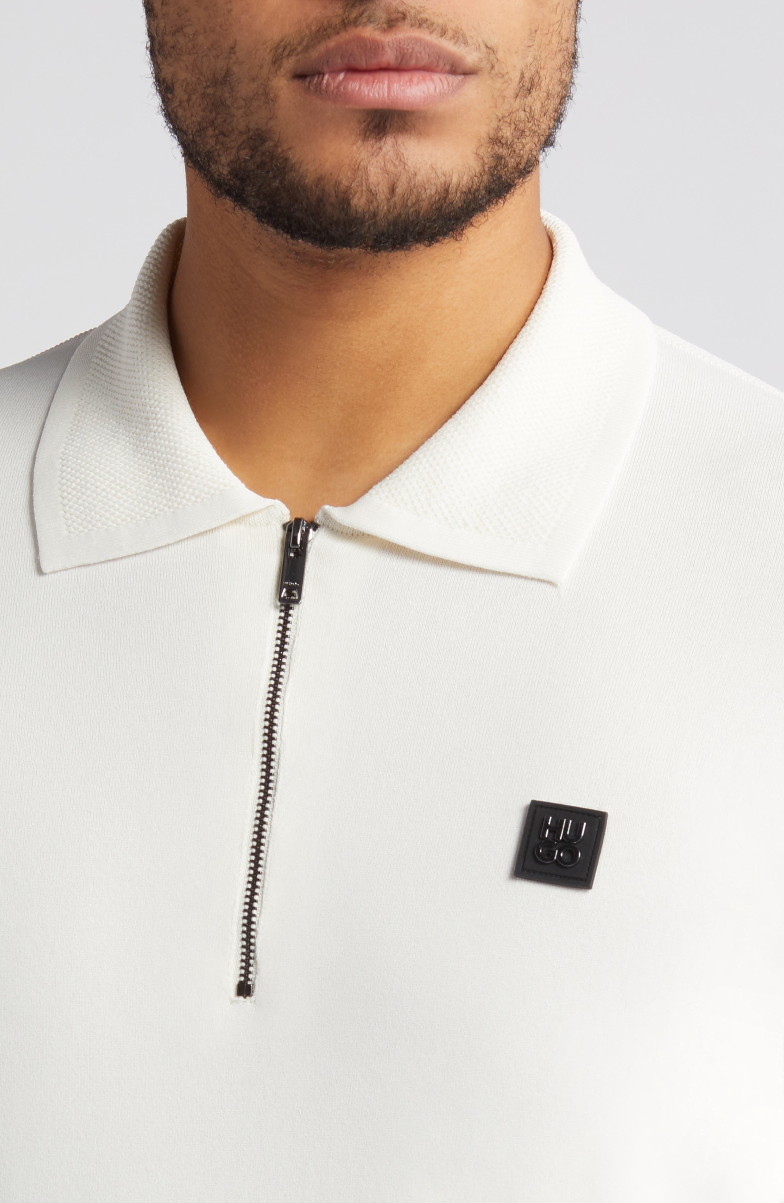 HUGO Sayfong Quarter Zip Sweater Polo in Open White at Nordstrom - 4