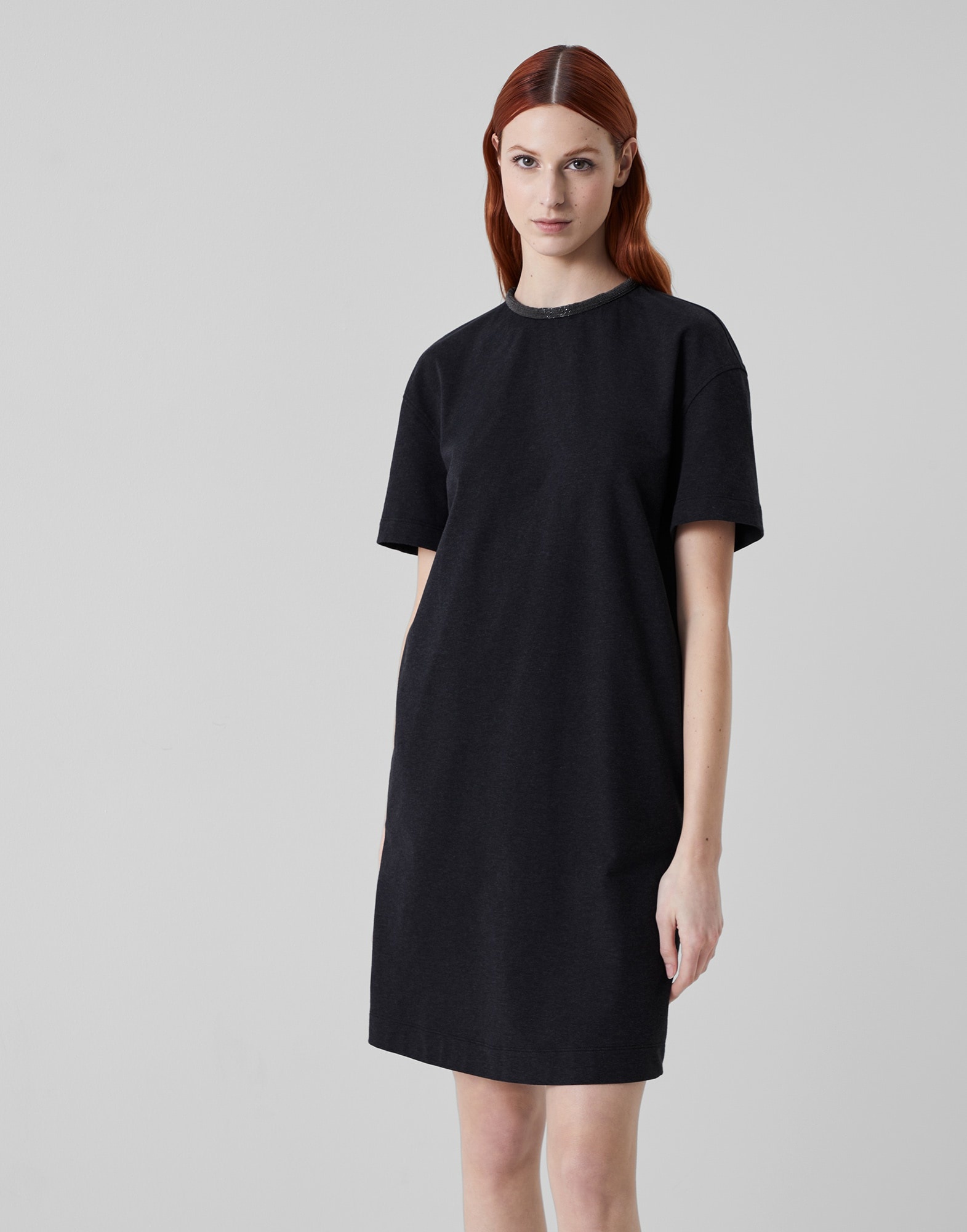 Stretch cotton lightweight French terry dress with precious neckline - 1