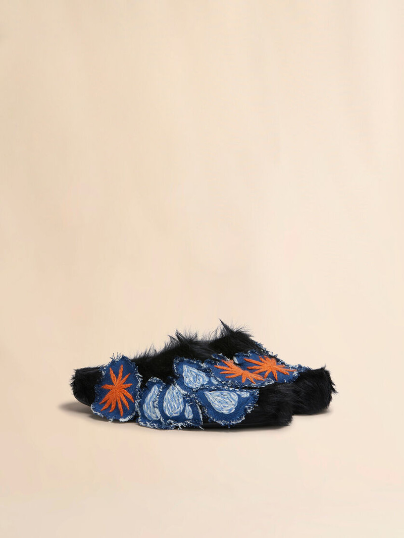 BLACK LONG HAIR CALFSKIN FUSSBETT SABOT 2