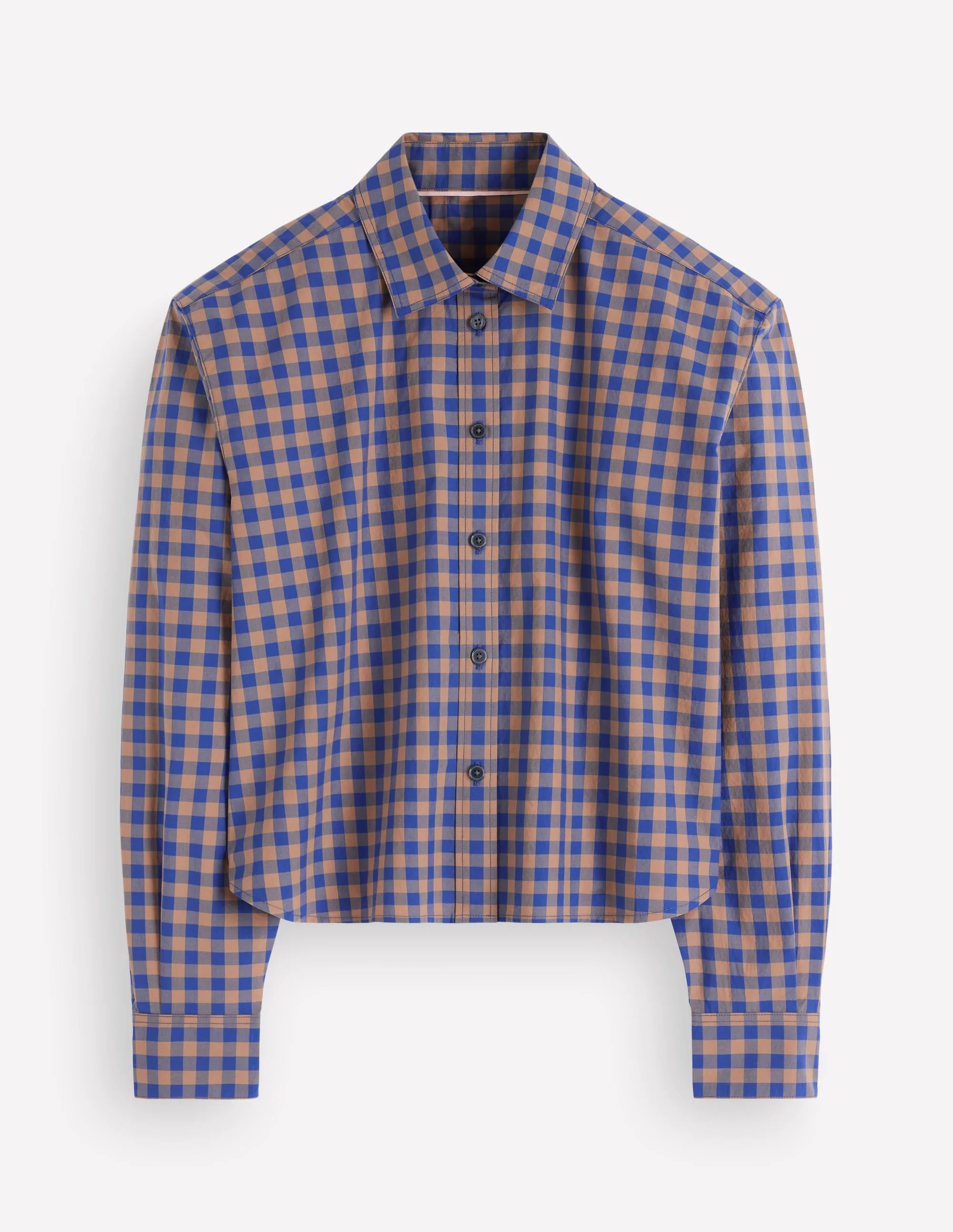 Sienna Cropped Cotton Shirt-Camel, Blue Gingham - 1