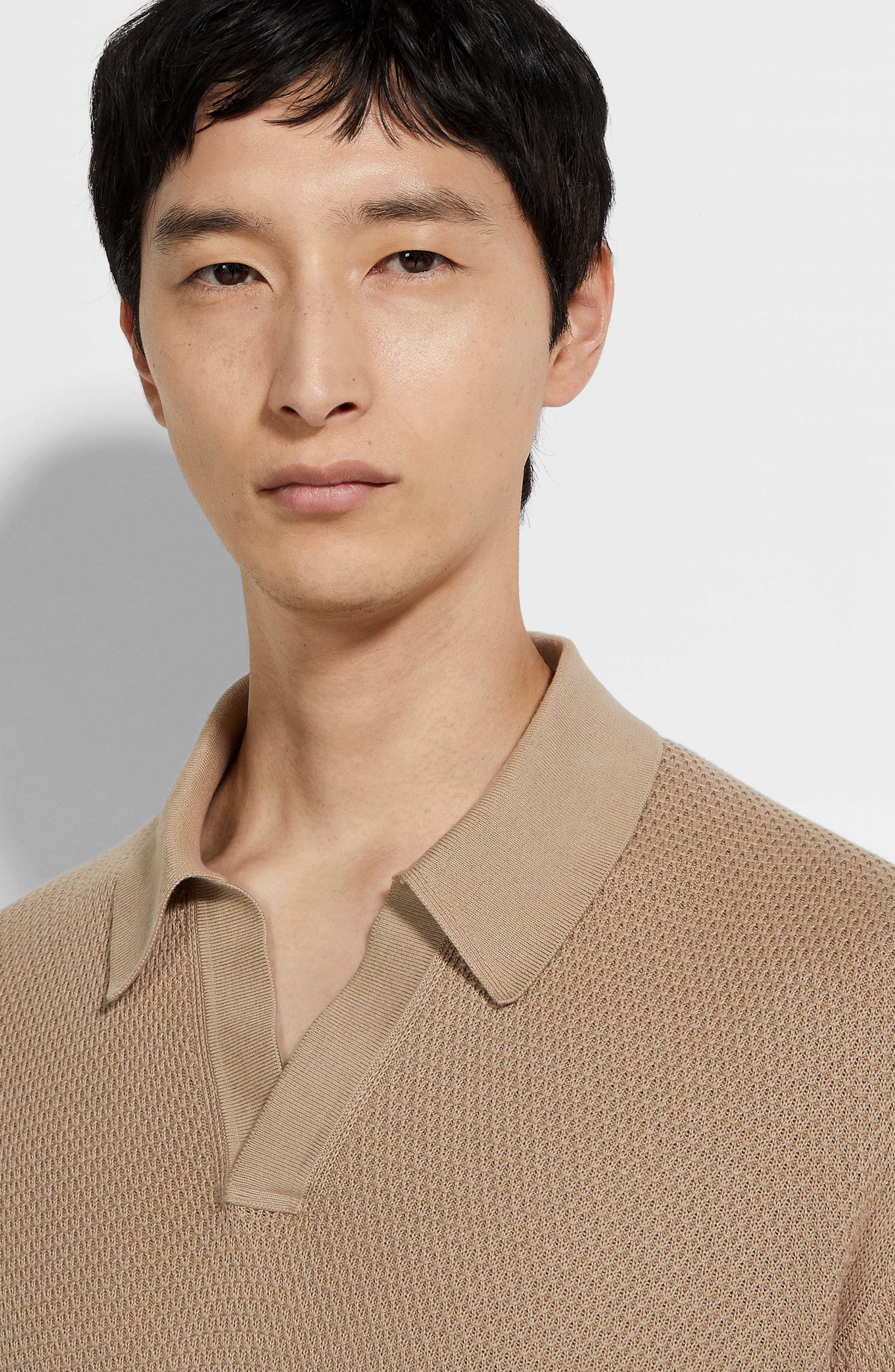 ZEGNA Waffle Stitch Premium Cotton Polo Sweater in Light Beige Solid at Nordstrom - 2