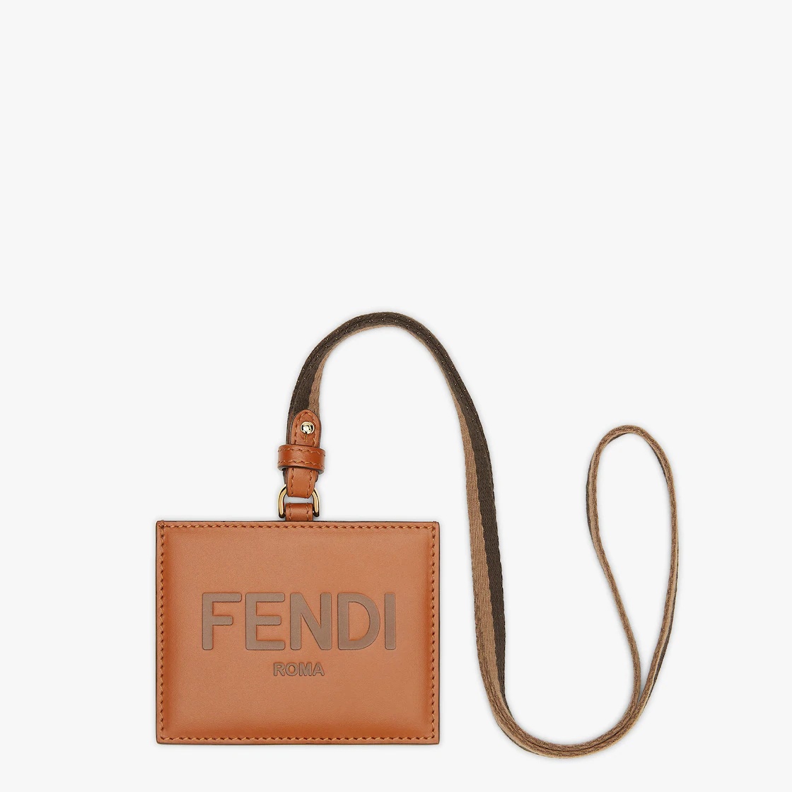 Fendi Roma name badge with a slot and Pequin ribbon strap. Made of brown leather. Embellished with F - 1