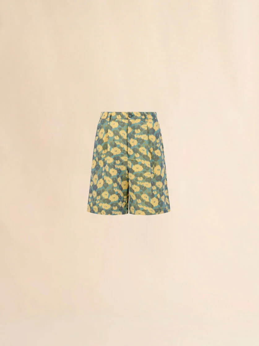 GREEN LINEN BLEND SHORTS WITH BLURRY FLORAL PRINT - 1