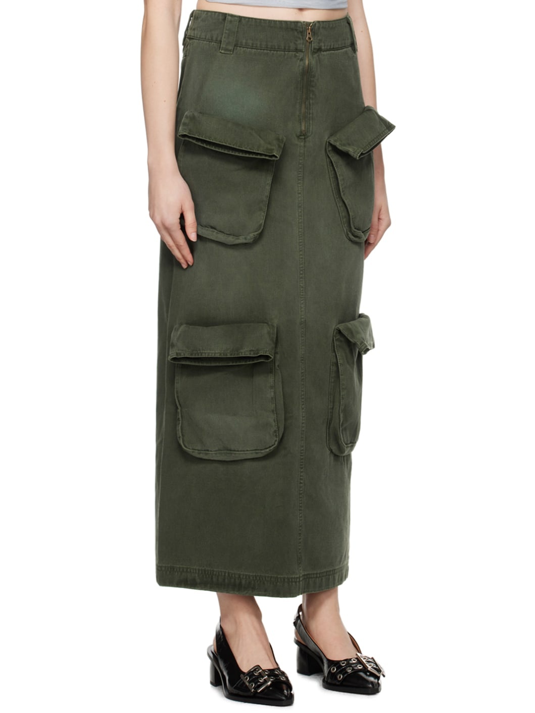 Green Cargo Denim Maxi Skirt - 2