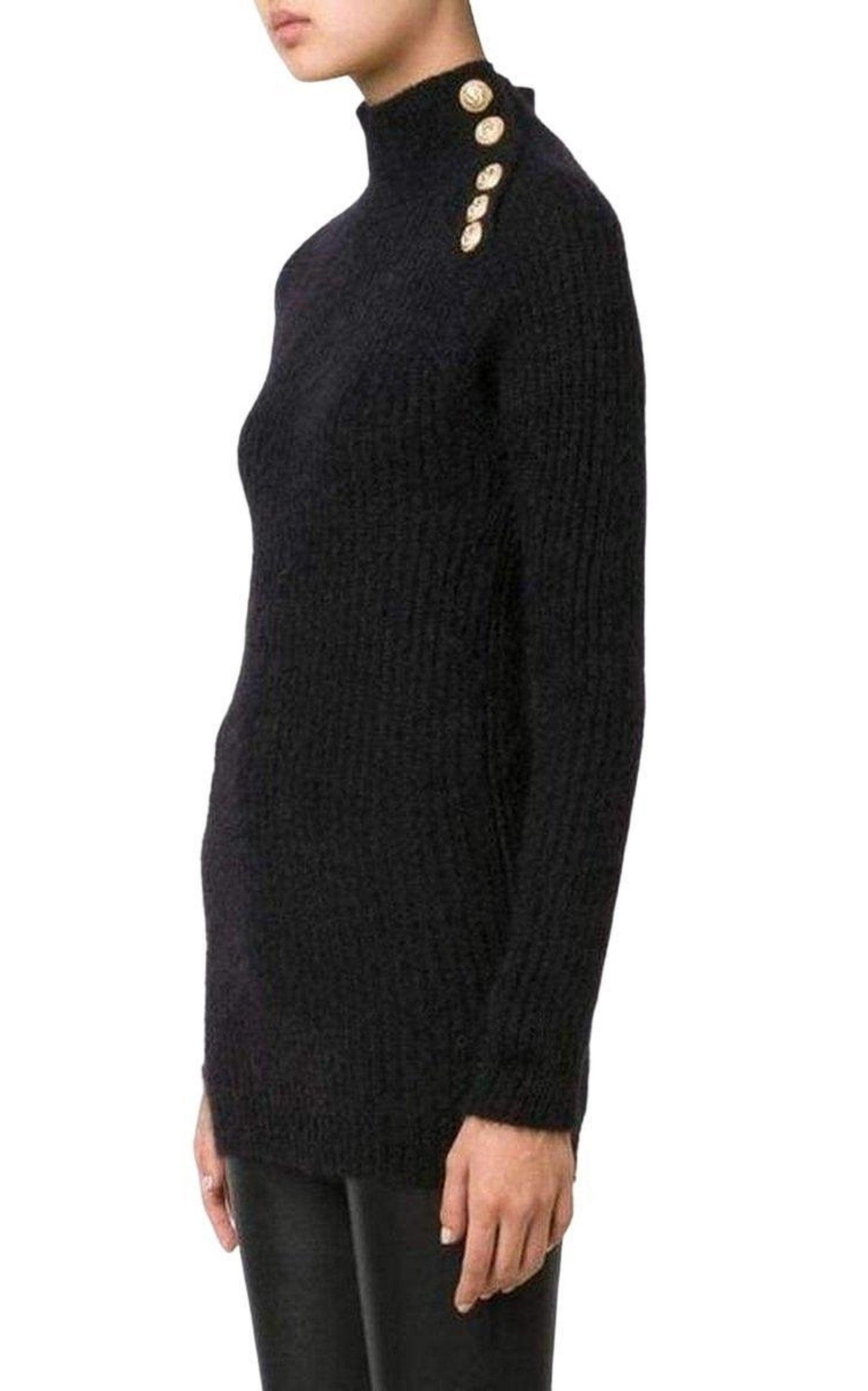 Black Mohair Wool Ribbed Turtleneck Sweater - 3