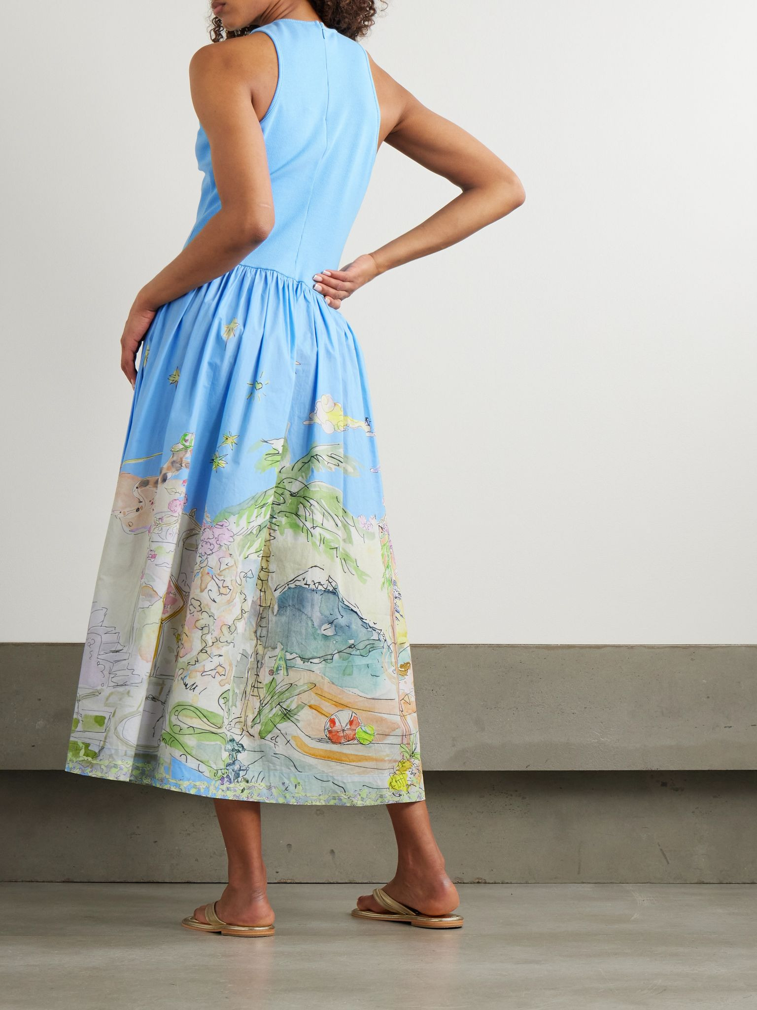+ Anouk Colantoni ribbed organic cotton-jersey and printed organic cotton-poplin midi dress Light bl - 3