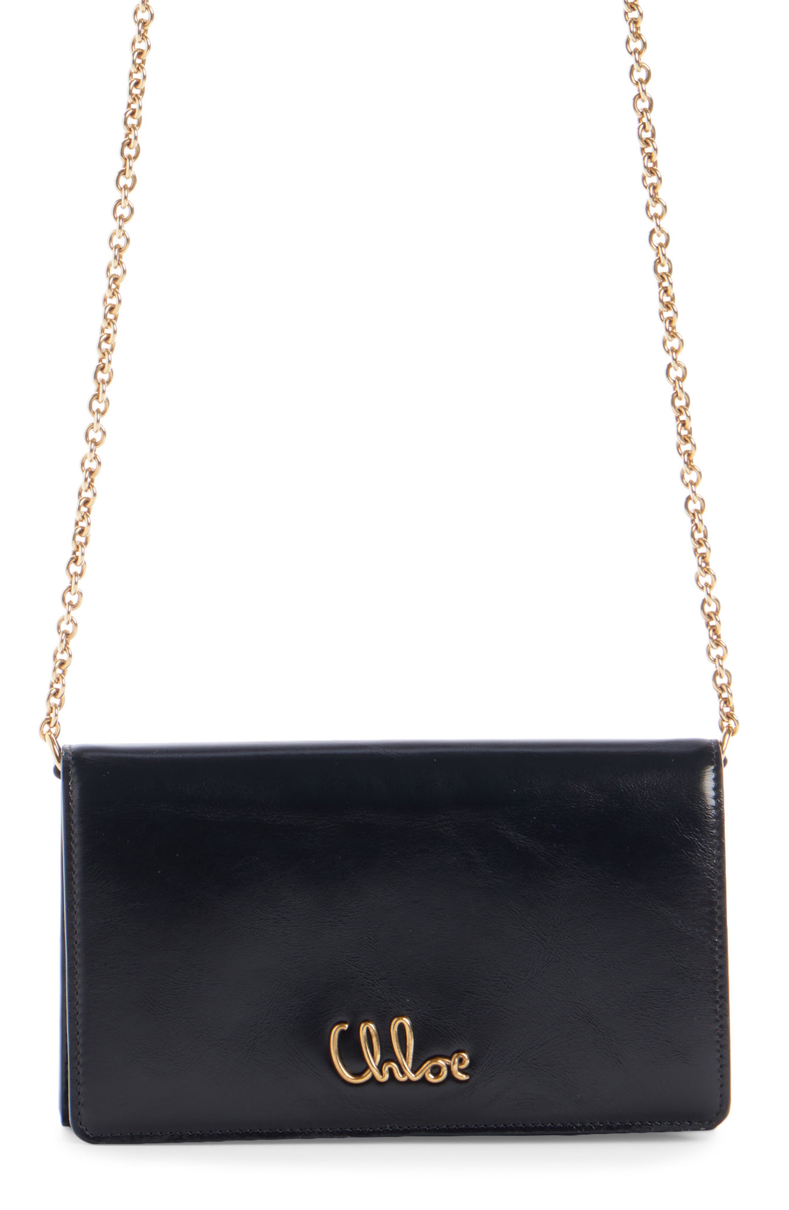 Chloé Iconic Script Leather Wallet On a Chain in 001 Black at Nordstrom - 1