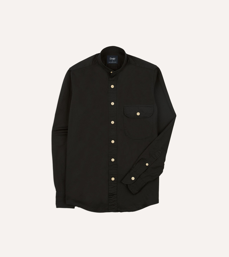 Black Cotton Mandarin Collar Shirt - 1