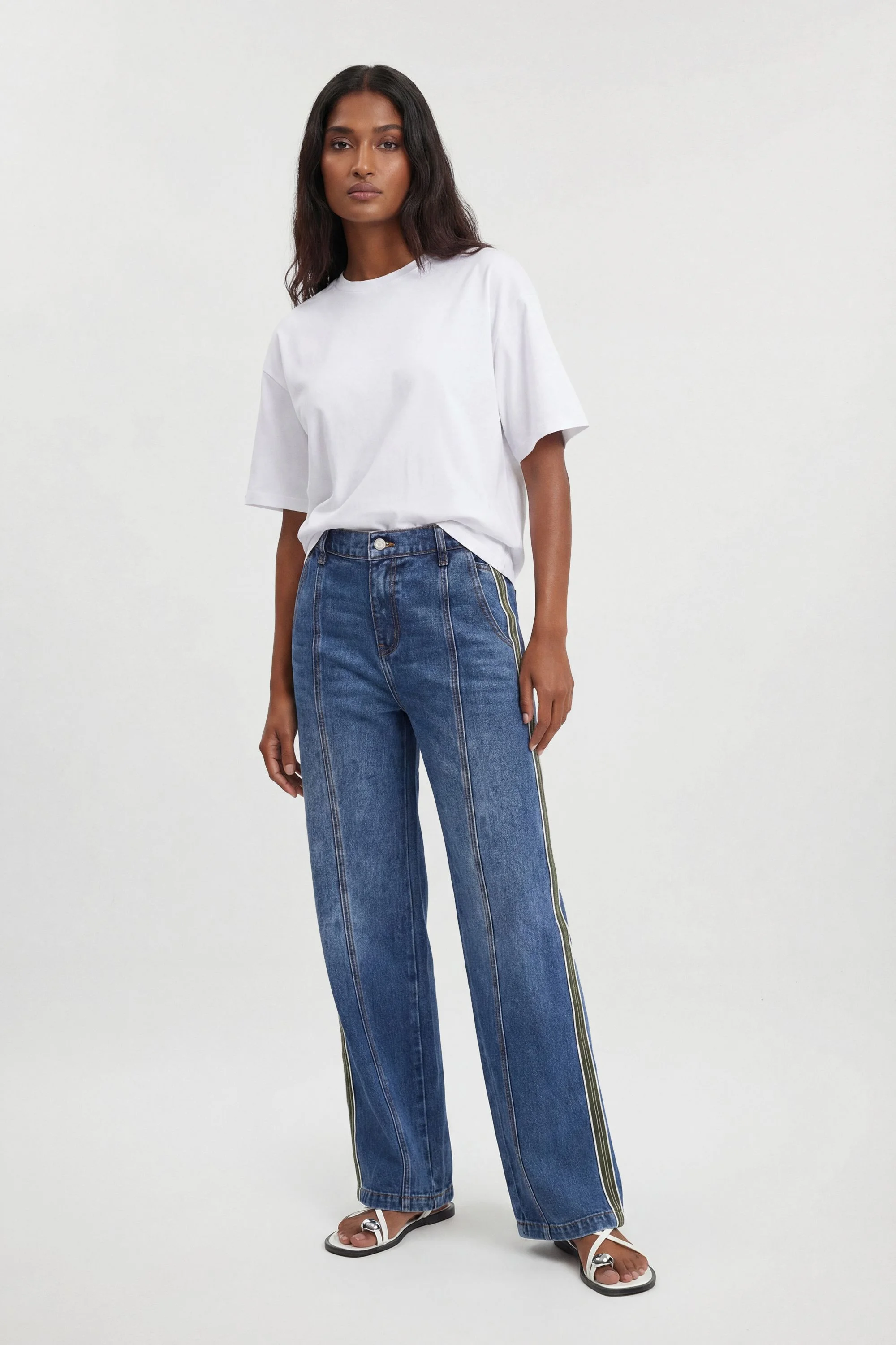 Denim Side Panel Barrel Leg Jean - 1