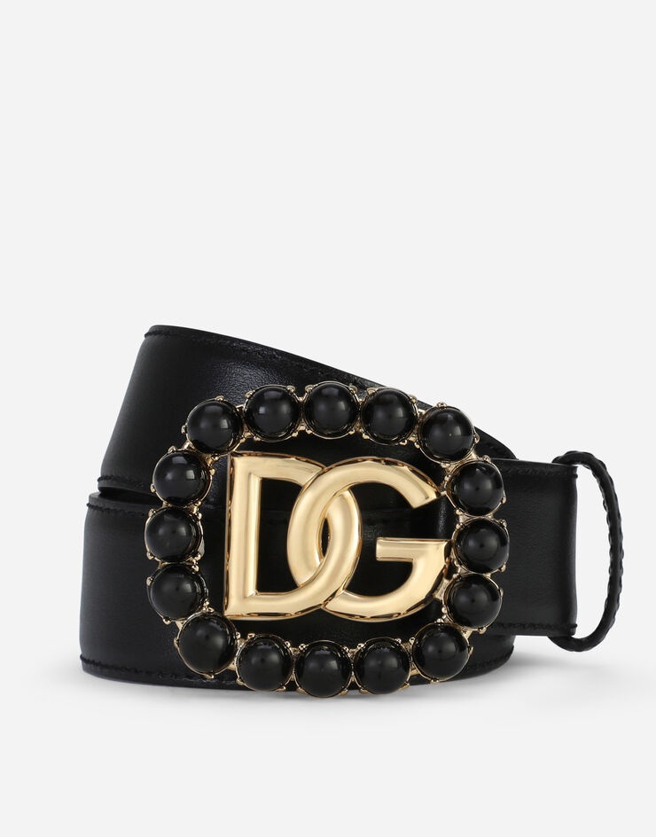 Calfskin belt with DG logo with black pearls - 1