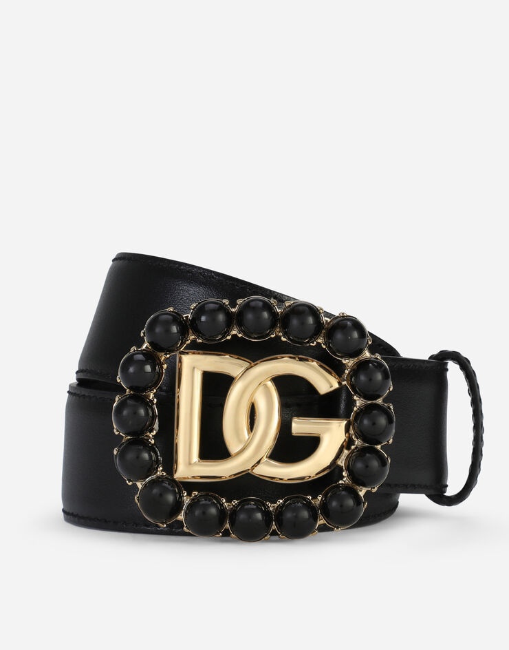 Calfskin belt with DG logo with black pearls - 1