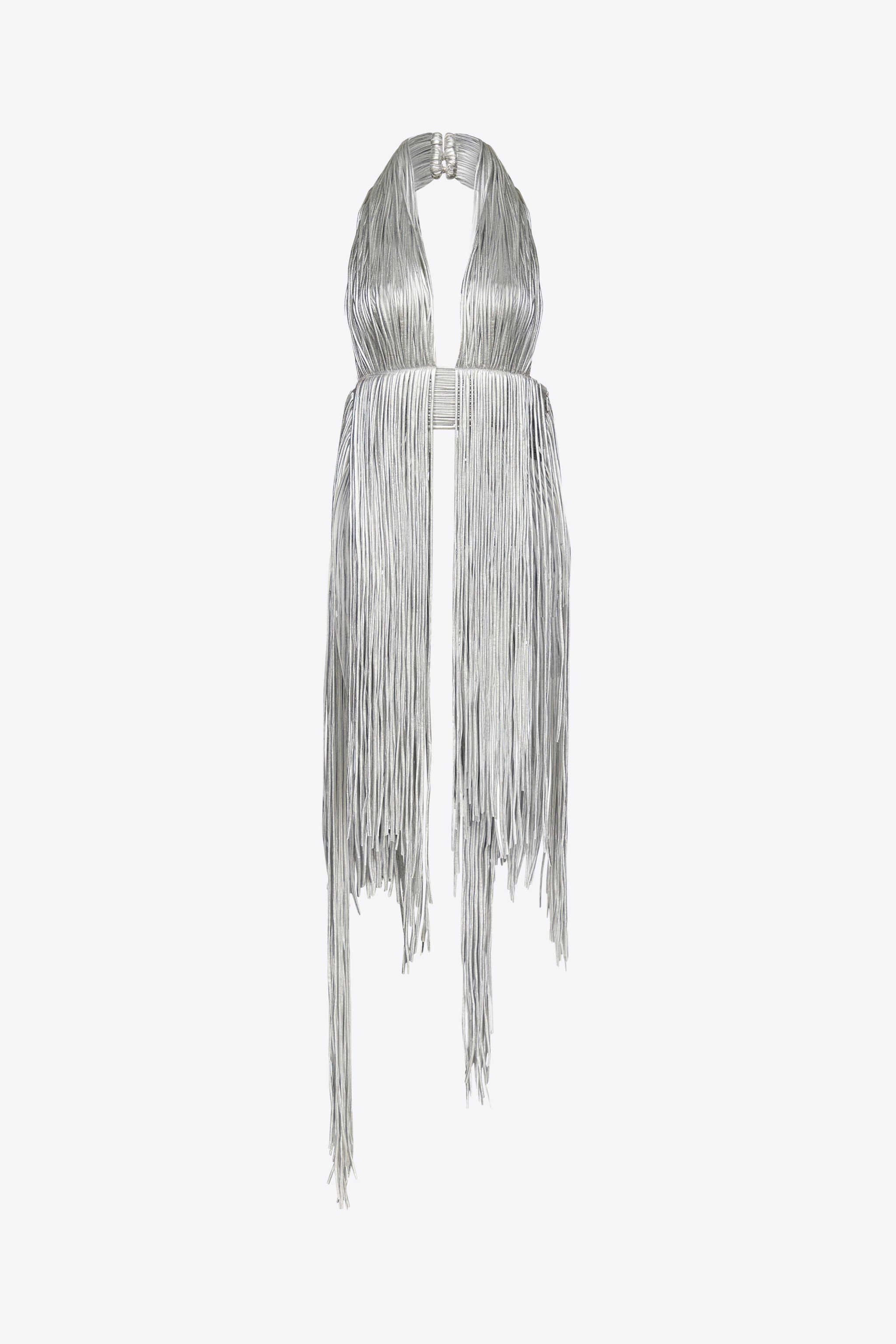 METALLIC FRINGE HALTER TOP - 1