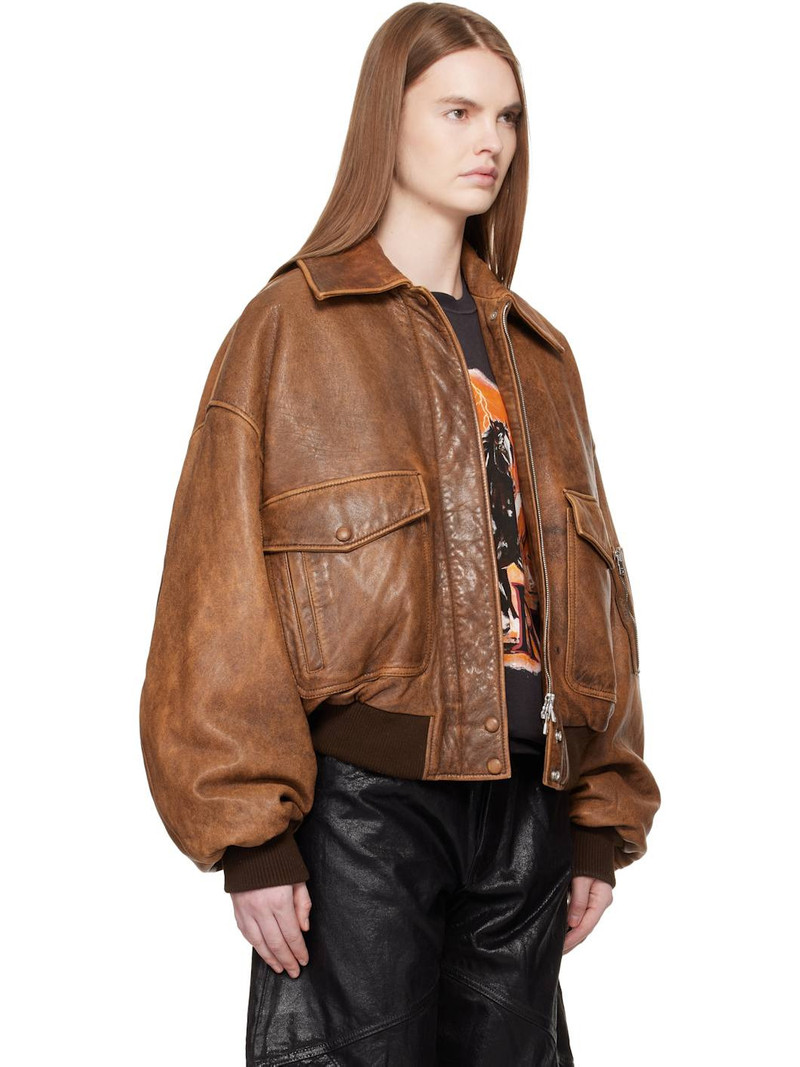 Tan Faded Leather Bomber Jacket 2