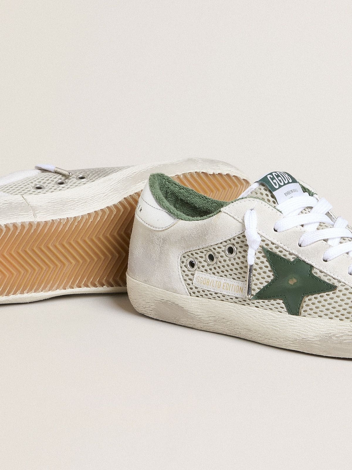 Women’s Super-Star in white suede and mesh with green leather star and silver foiled leather heel ta - 3