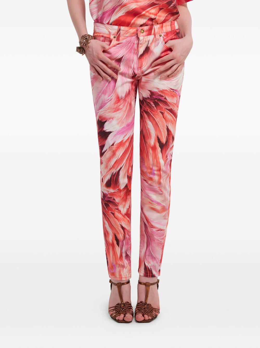 feather-print cotton jeans - 4