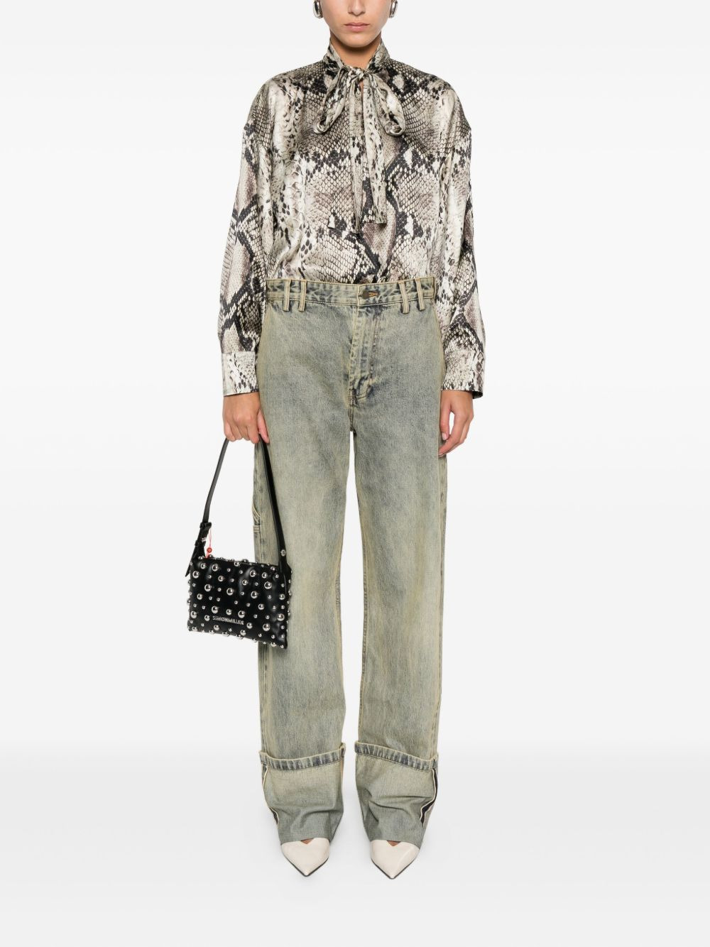 snakeskin-print tie-neck blouse - 2