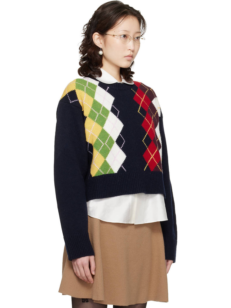 Navy Chunky Wool Mix Argyle Knit Sweater 2