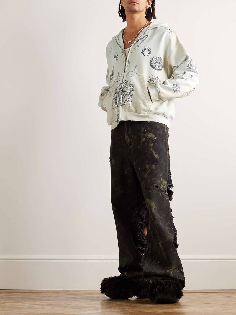 BALENCIAGA Tat Printed Distressed Cotton-Jersey Zip-Up Hoodie outlook