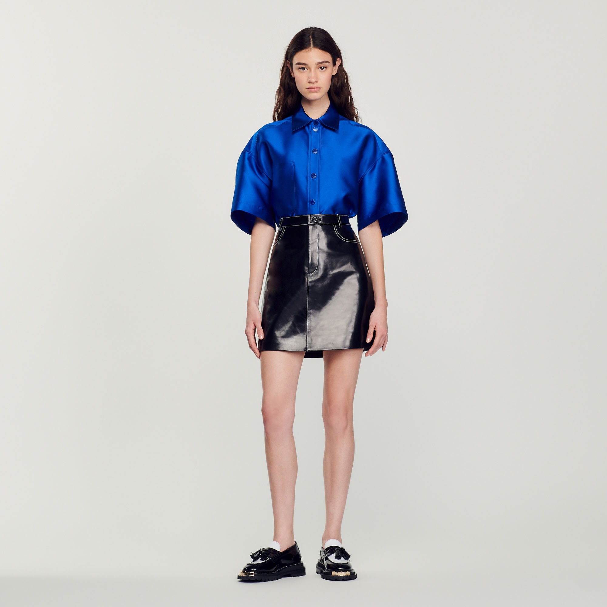 Short topstitched leather skirt - 3