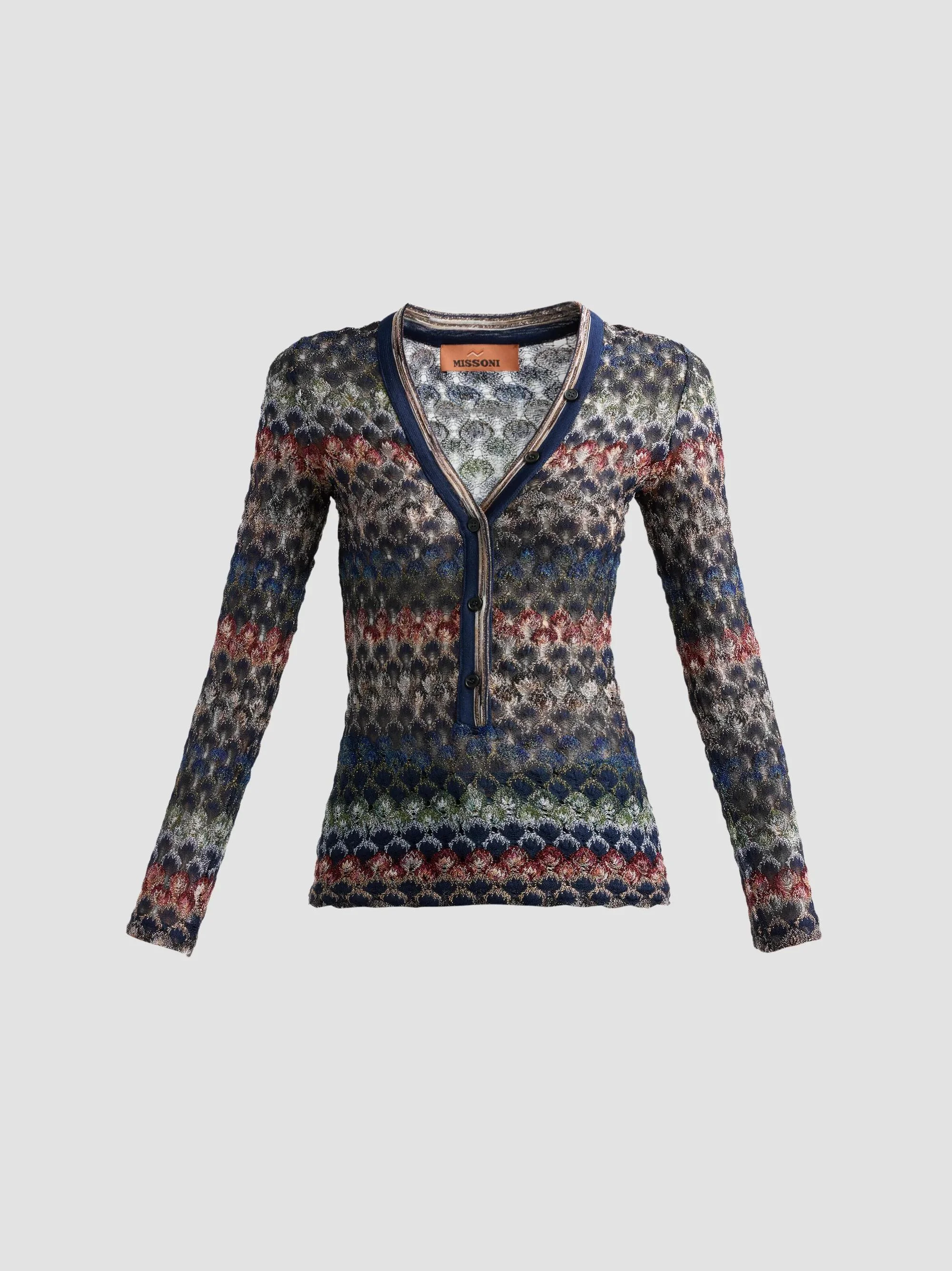 Women's Chevron Knit V-Neck Henley - Multicolor - 1