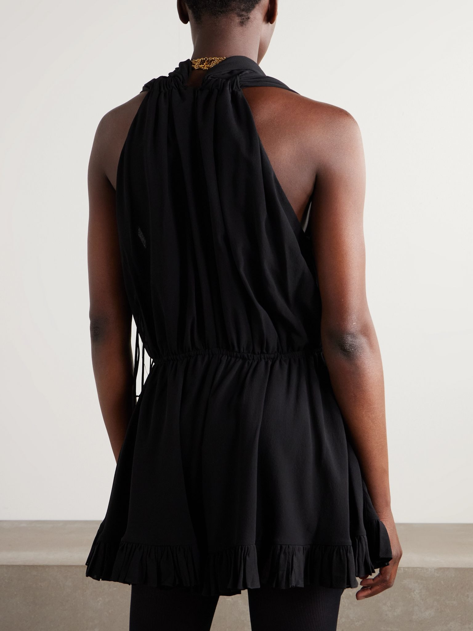 Draped ruffled silk-crepe playsuit Black - 4