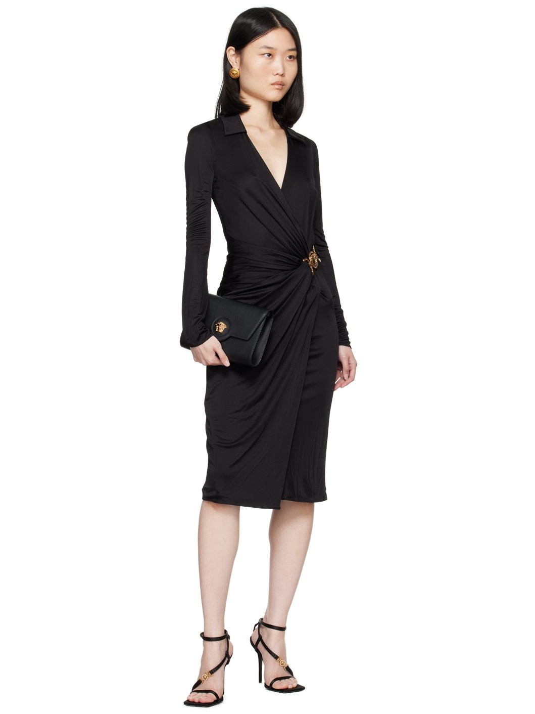 Black Gathered Midi Dress - 5