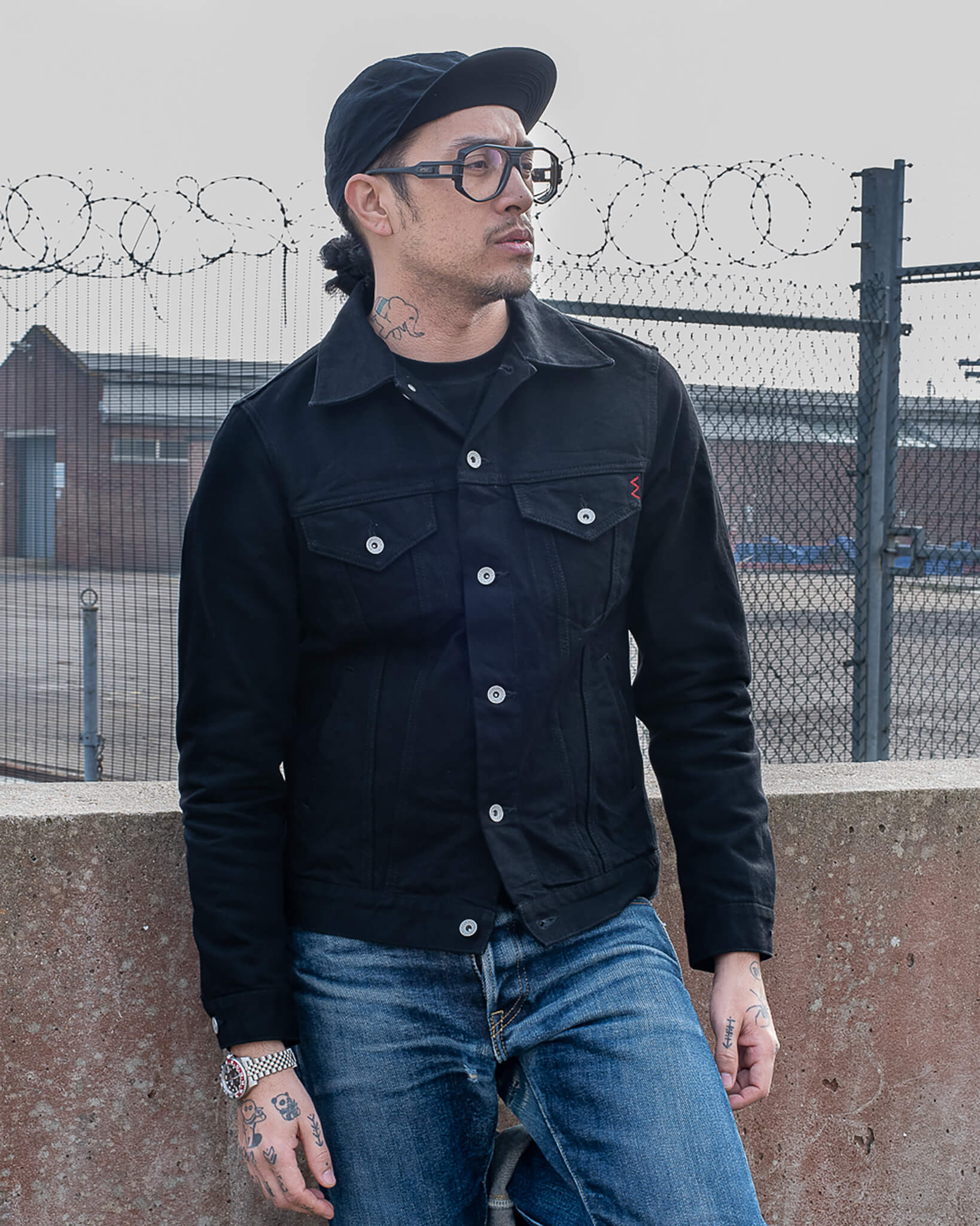 IHJ-86-BLK 14oz Selvedge Denim Modified Type III Jacket -  Black/Black - 4