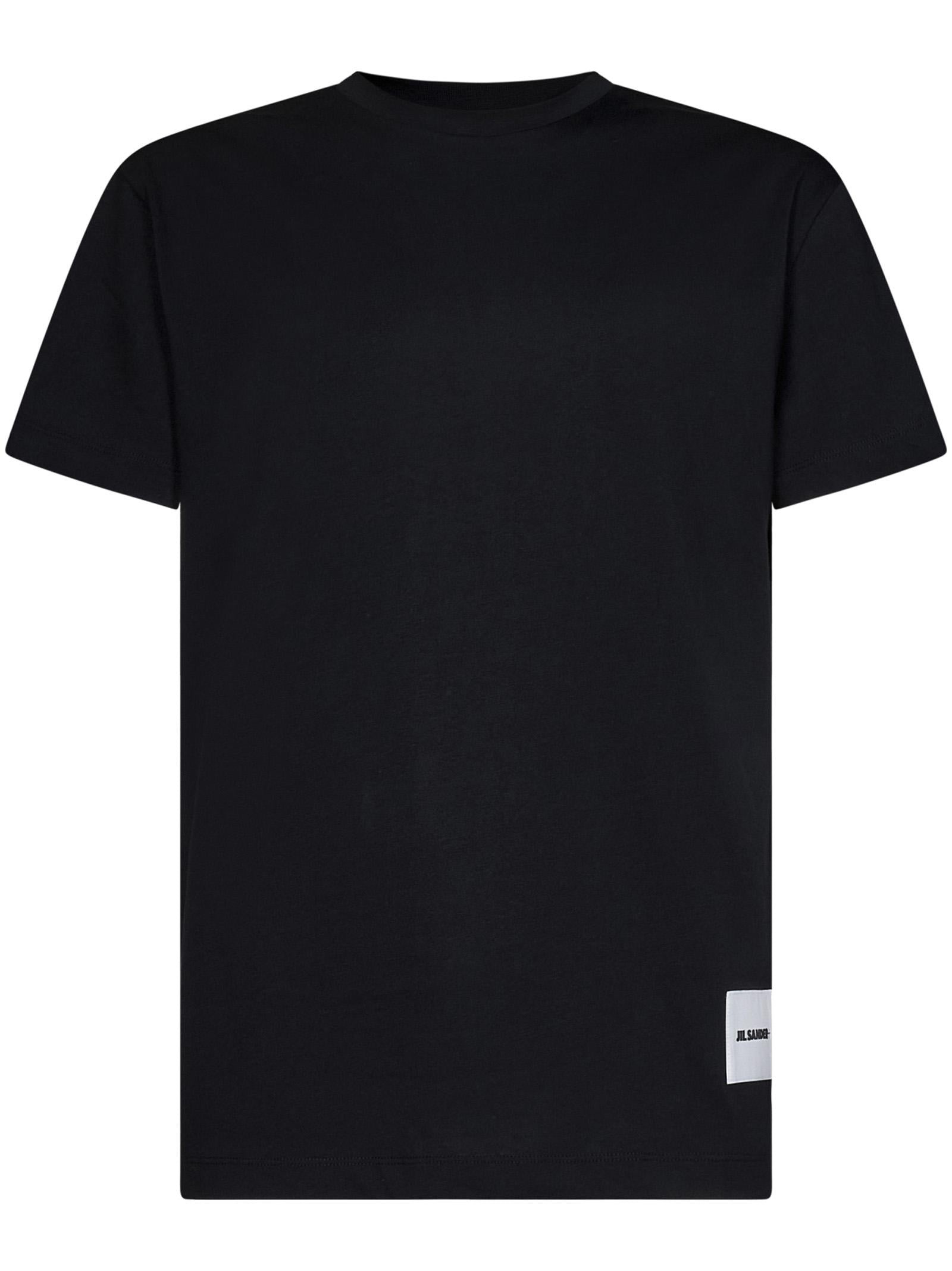 Black organic cotton three-pack T-shirt set with Jil Sander+ logo label stitched at bottom. - 2